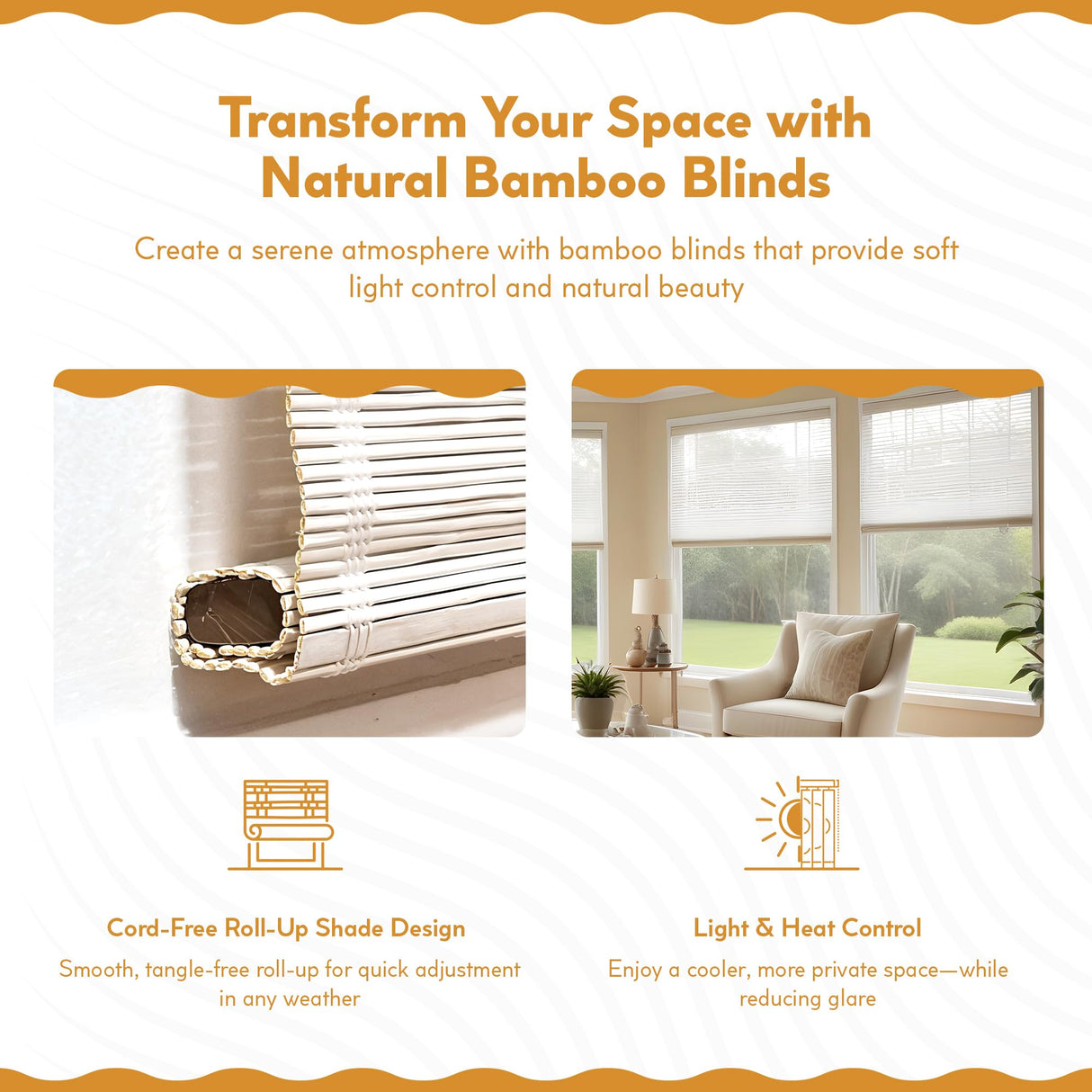 Radiance Cordless Bamboo Roman Shades for Windows - Matchstick Bamboo Blinds for Semi-Private Light Control - Easy to Lift & Fold Up Window Shades - White - 30" W x 64" L - (2215328E) Radiance