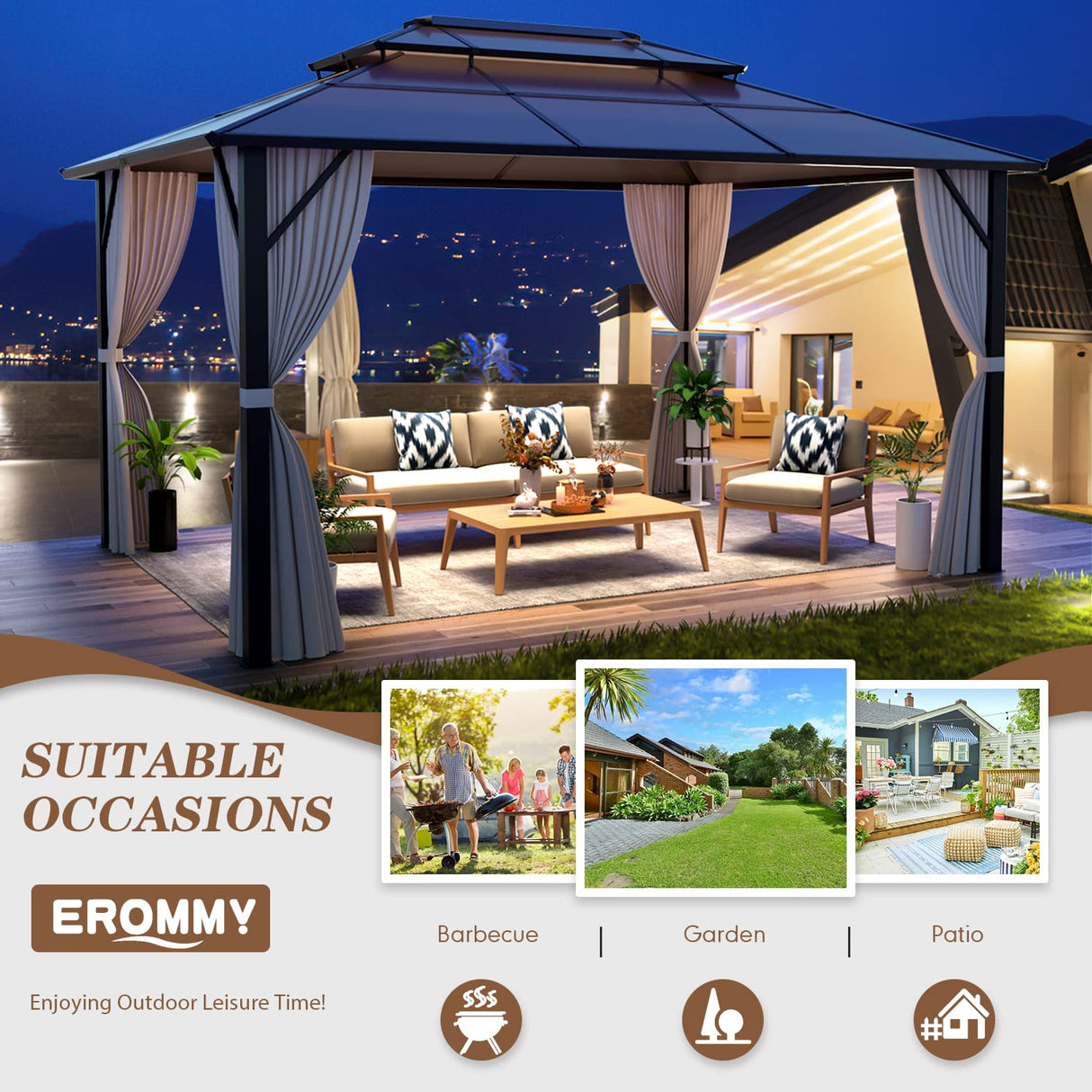 EROMMY 10'x13' Gazebo Polycarbonate Double Roof Canopy Outdoor Aluminum Frame Pergolas with Netting and Curtains for Garden Patio Lawns Parties EROMMY