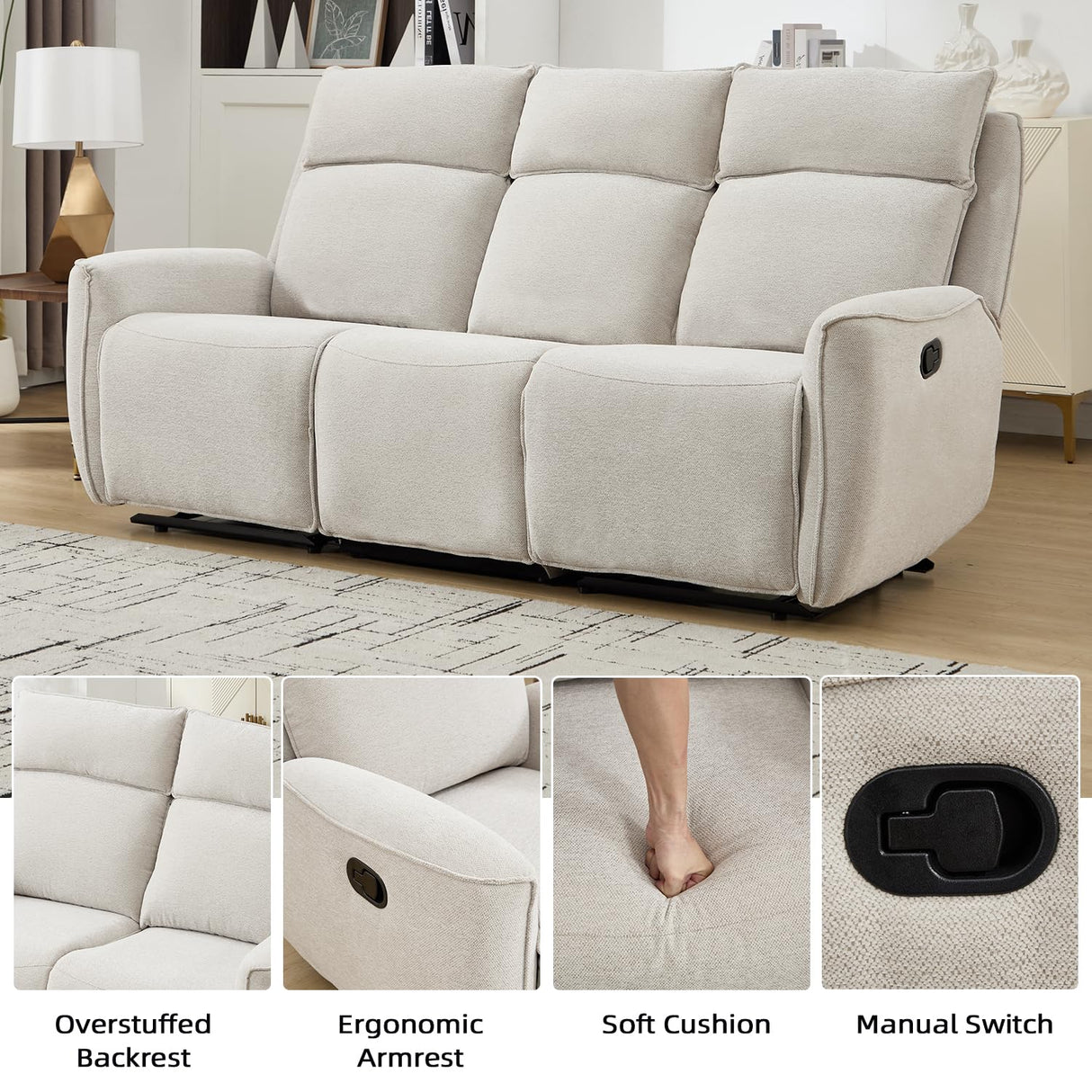 INZOY Manual Loveseat Recliner Sofa, Wall-Hugger 3 Seat Reclining Love Seat Couches, Chenille Fabric Reclinable Sofa Set, 3-Seater Recliner Chair for Living Room, Office, Apartment, Beige INZOY