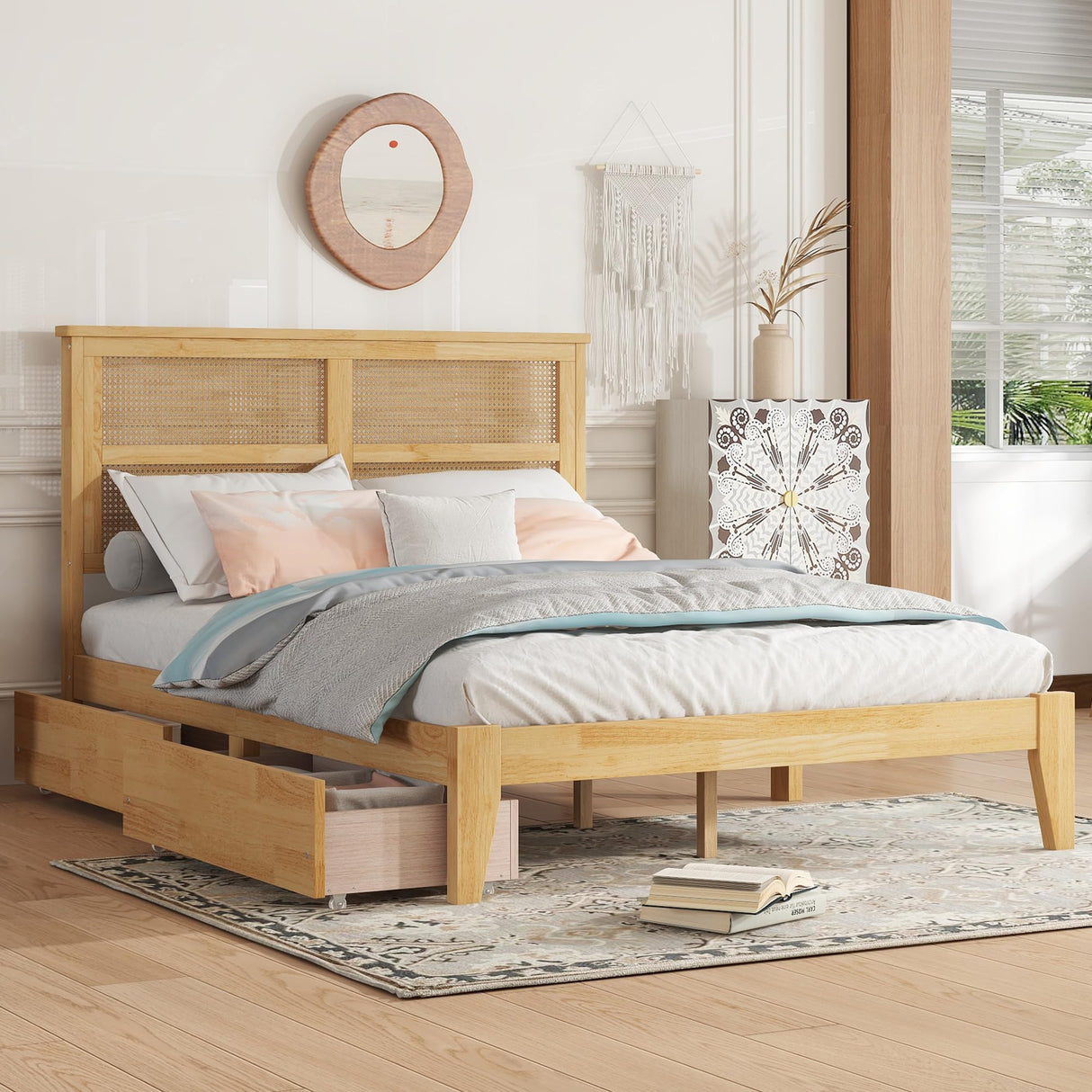 MoproBeti Full Bed Frame with Rattan Headboard,Rubber Wooden Boho Bed Frames with 2 Storage Drawers and Support Legs,No Box Spring Needed, White Oak MoproBeti