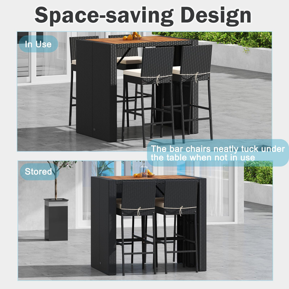 RELAX4LIFE 5-Piece Outdoor Bar Set - Wicker Rattan Bar Height Dining Table w/Acacia Wood Top & 4 Bar Stools Chairs w/Seat Cushions, Backrest, Footrest, Outside Patio Bistro Set for Backyard (47.5'') RELAX4LIFE