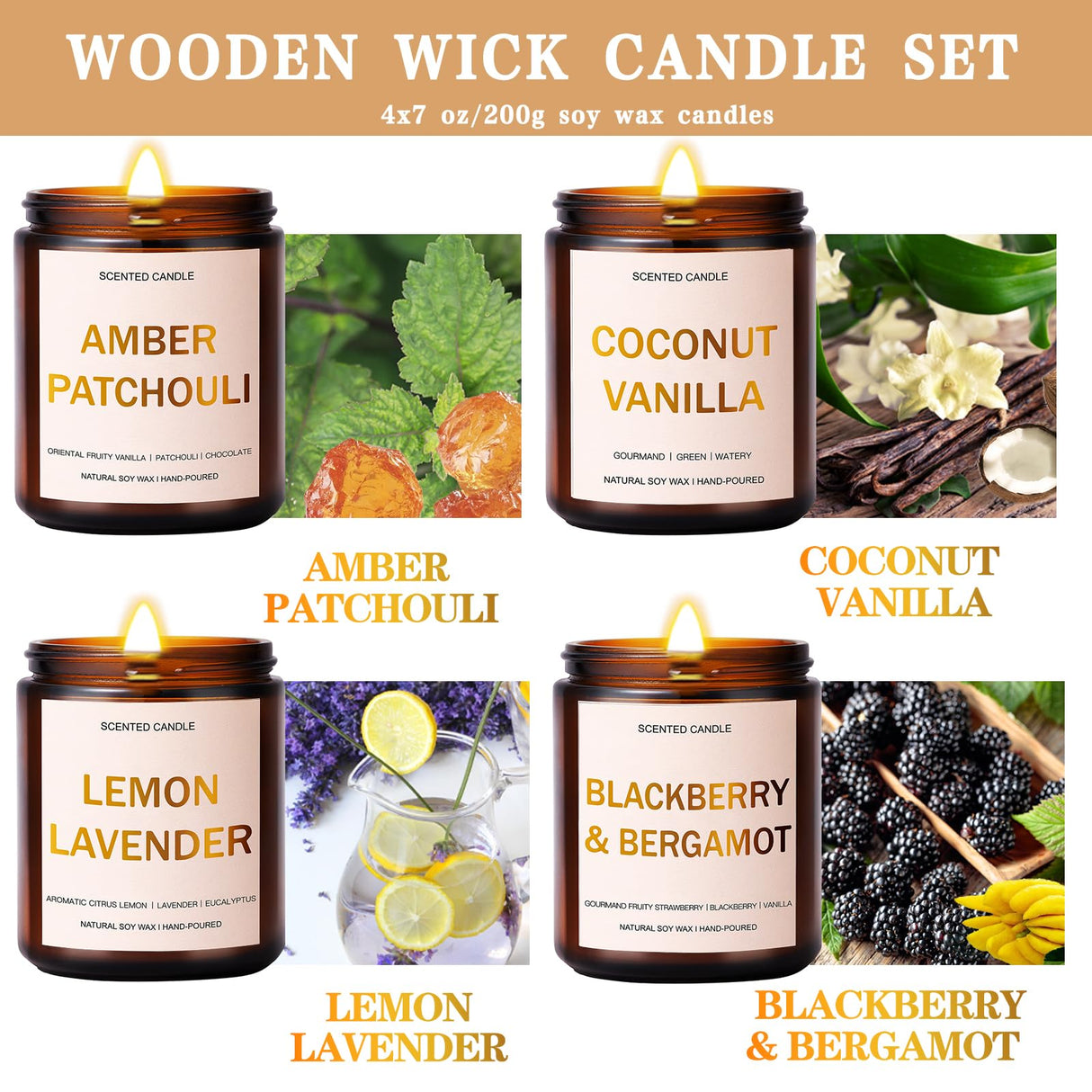 4 Pack Scented Candles Set, 28oz Wood Wick Aromatherapy Candles for Home Scented, Candles for Women Men, Birthday Gifts for Women, Soy Candles Gift for Anniversary, Valentine, Mother's Day Yinuo Candle