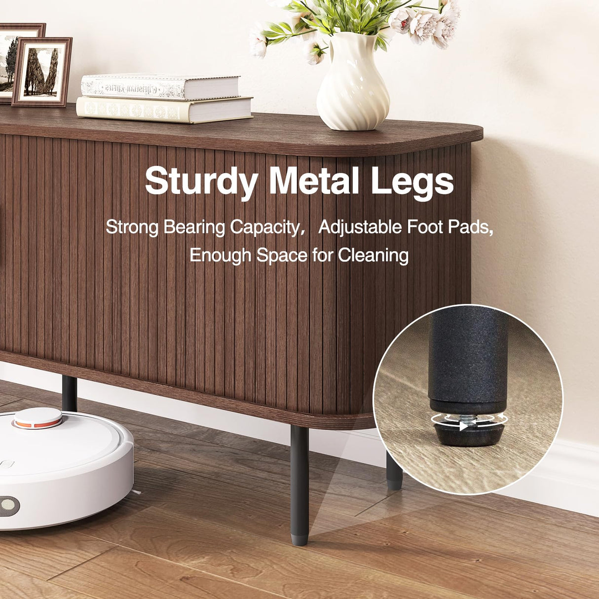 FiveWillowise 55" Mid Century Modern Fluted TV Stand for TVs up to 65 Inch, Gaming Entertainment Center with Tambour Slatted Sliding Doors, Media TV Consoles Table for Living Room, Walnut FiveWillowise