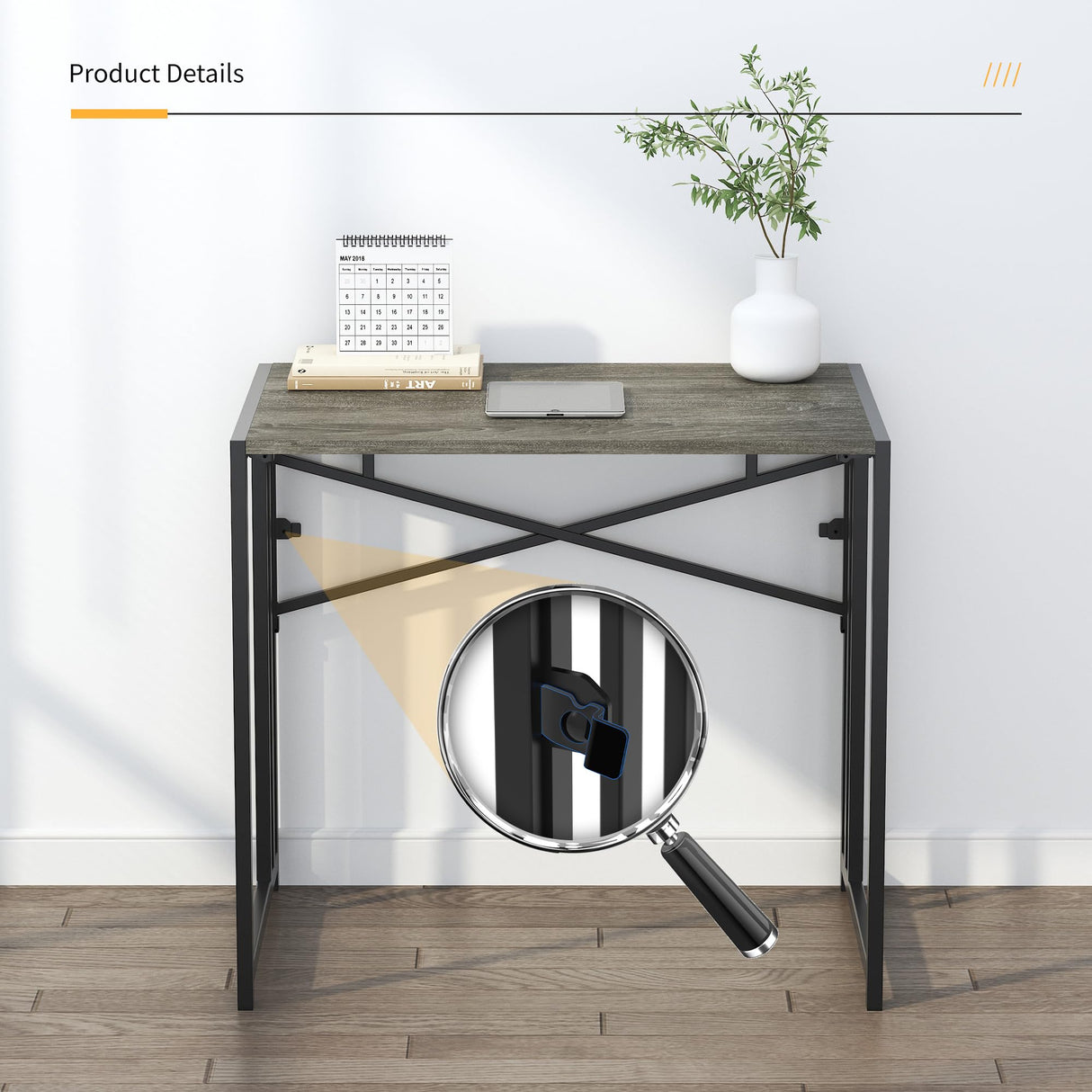 Lutown-Teen 32 inch Small Folding Desk, Writing Gaming Computer Camping Desk for Small Spaces, No Assembly Required Home Office Desk, Black Oak Lutown-Teen