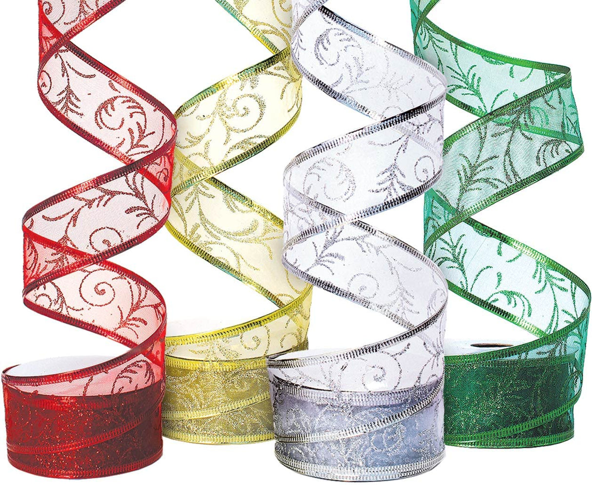 Christmas Ribbon Wired 1.5 Inch Set of 4 Ribbon Wire Red, Green, Gold, Silver/White Sheer Organza Glitter Gift, Xmas Ribbons Decoration, Holiday Craft, Gifts Wrap 40 Yards / 10 Yard Ea. Roll OLYPHAN