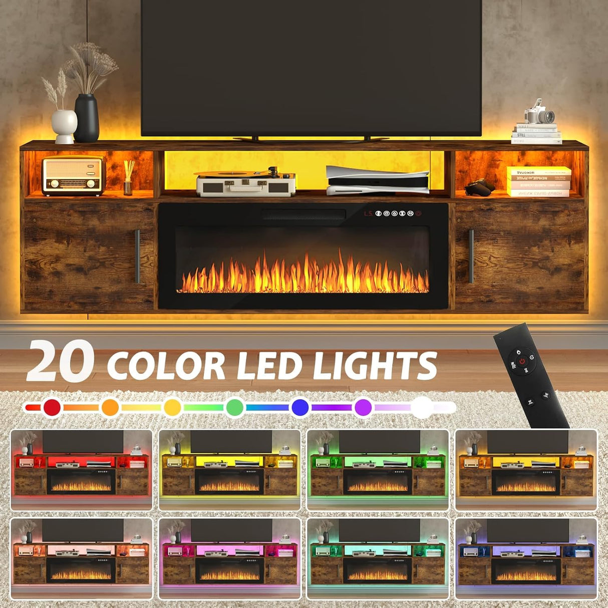 PUKAMI 70" Floating TV Stand with 36" Electric Fireplace,Wall Mounted Entertainment Center with LED Lights and Highlight Storage Cabinet for TVs up to 80" for Living Room (Brown) PUKAMI