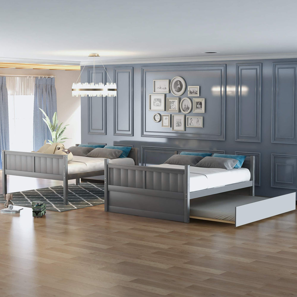 Rockjame Full Bunk Bed with Trundle, Wood Full Over Full Bunk Bed Frame with Ladder and Safety Rail, Space Saving Design Bedroom Furniture (Gray) Rockjame