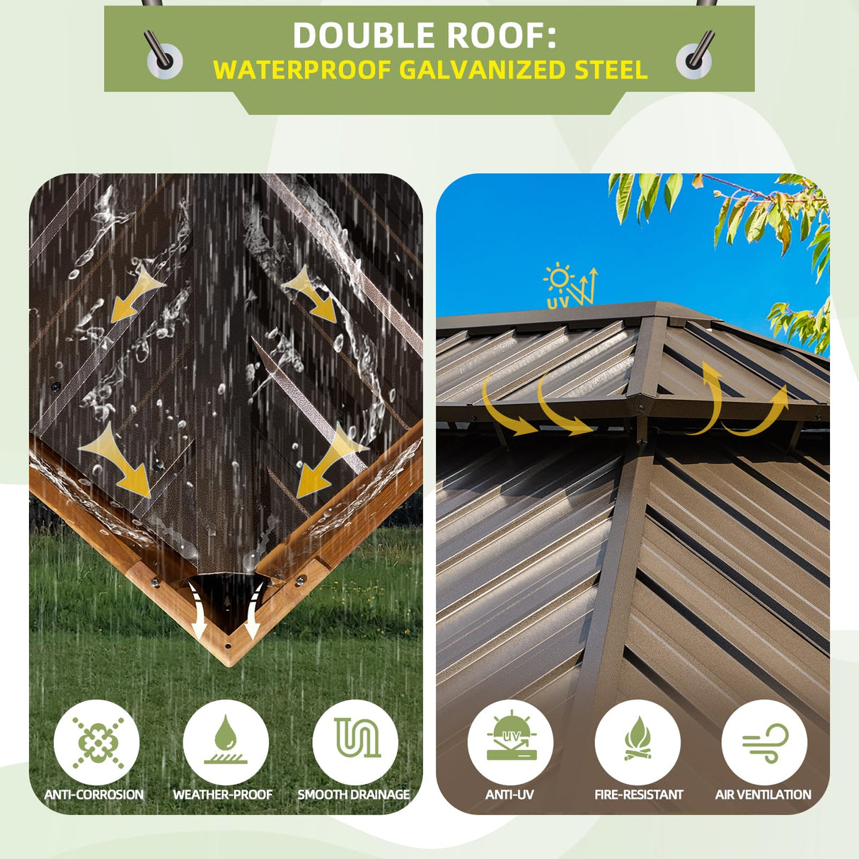 EROMMY 12' x 18' Gazebo, Wooden Finish Coated Aluminum Frame Canopy with Double Galvanized Steel Hardtop Roof, Outdoor Permanent Metal Pavilion with Curtains and Nettings for Patio, Backyard and Deck EROMMY