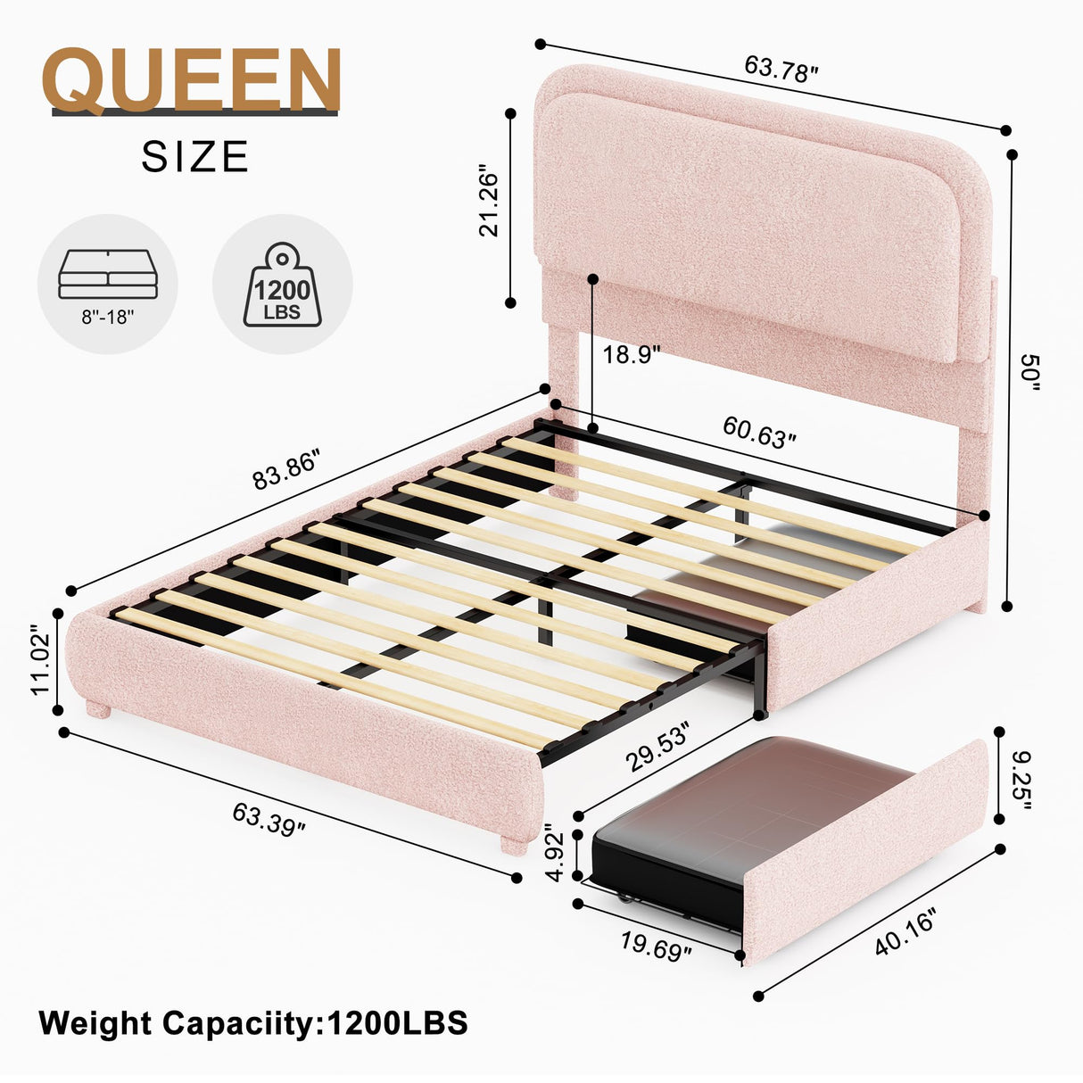 Queen LED Bed Frame with 2 Drawers, Teddy Fleece Rounded Corner Storage Platform Bedframe with Upholstered Headboard, No Box Spring Needed, Noise Free, Easy Assembly, Pink SIBEDS