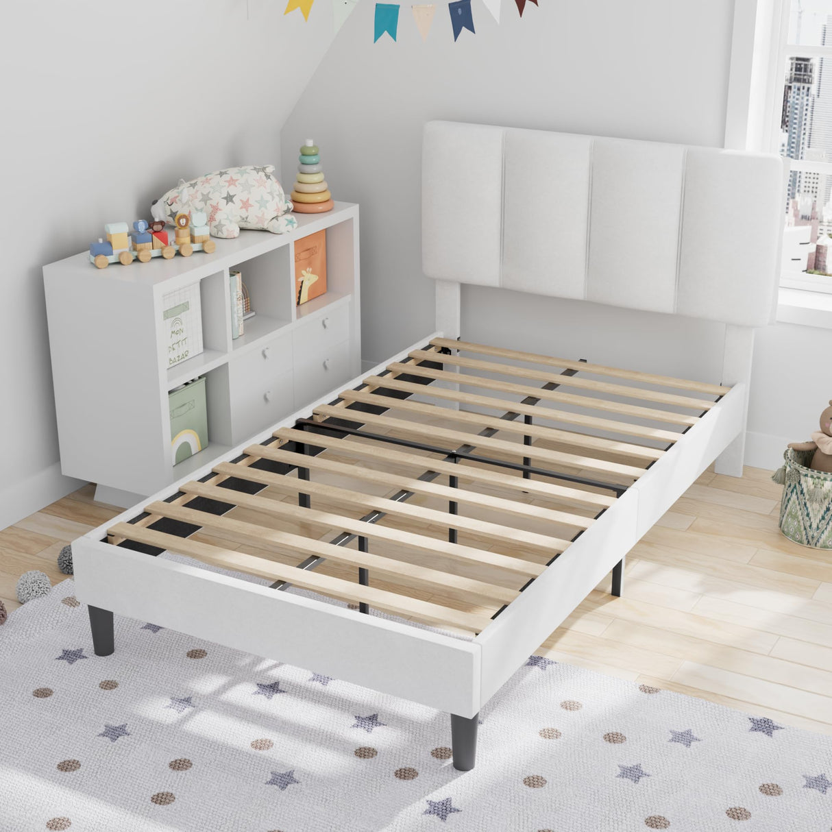 VECELO Twin Bed Frame with Upholstered Headboard, Heavy-Duty Platform Bedframe with Strong Wooden Slats Support, No Boxing Spring Needed, Pure White VECELO