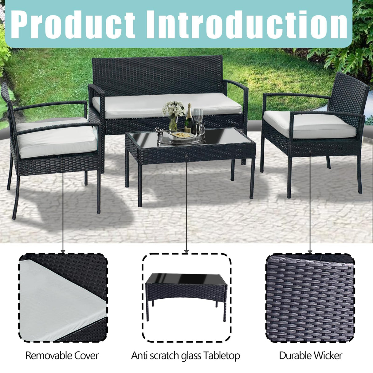 4-Piece Outdoor Wicker Sofa Set, Rattan Porch Furniture with Removable Cushions for Backyard, Balcony, and Deck - All-Weather Durability and Easy Assembly(Brown-Beige) Generic