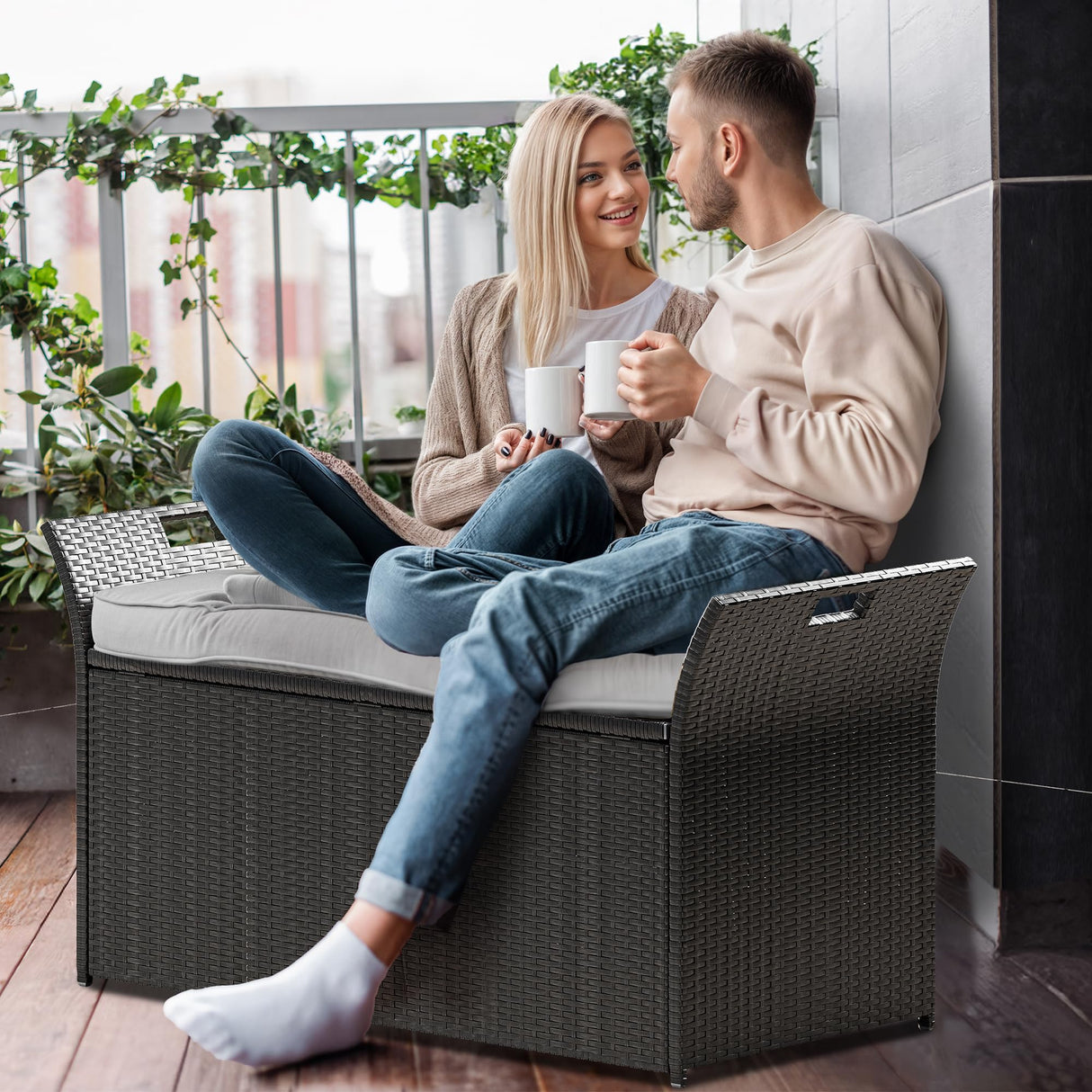 YITAHOME 90 Gallon Outdoor Wicker Storage Bench w/Cushion, Large PE Rattan Deck Storage Box w/Handles & Hydraulics for Patio Furniture, Cushions, Garden Tools, Pool & Sports Equipment, Black&Grey YITAHOME