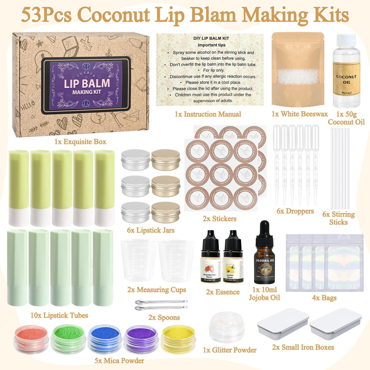 JUYRLE Lip Balm Making Kit- Coconut Lip Gloss Kit with Beeswax, Jojoba Oil, and Coconut Oil for Adults & Girls, Make Your Own Lip Balm– DIY Moisturizing Lip Care JUYRLE
