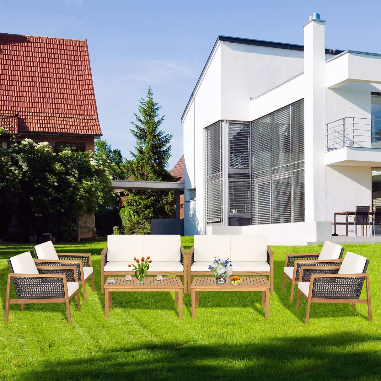 PATIOJOY 8 Pieces Outdoor Acacia Wood Furniture Set, Outdoor PE Wicker Conversation Set with Coffee Table and Soft Cushions, Outdoor Sofa Set for Garden, Poolside and Backyard (2, Off White) PATIOJOY