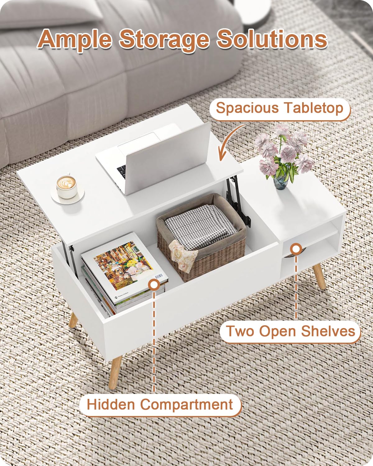 ALINE FURNITURE White Coffee Table Lift Top - Lift Top Coffee Table with Hidden Compartment Storage - Wood Coffee Table with Lifting Top - Pull Up Coffee Tables for Living Room ALINE FURNITURE