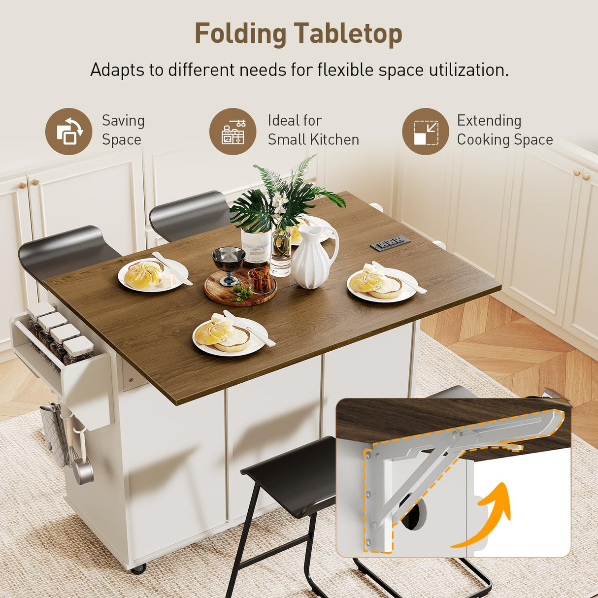 RALGEND Kitchen Island with Power Outlets & Drop Leaf, Kitchen Cart with Storage, Drawer and Spice Rack, Tower Rack, Island Table, White and Walnut RALGEND