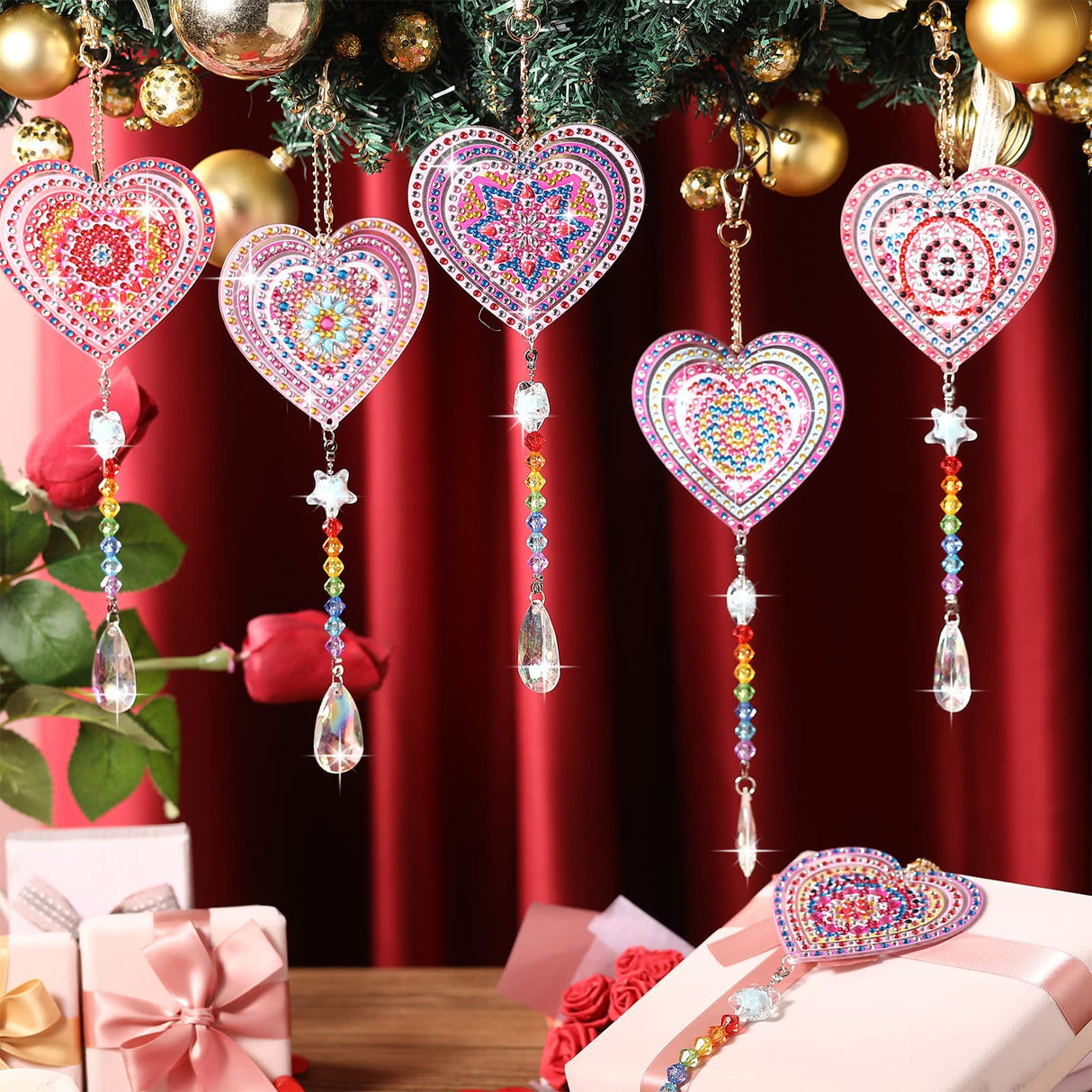 Perthlin 6 Pieces Pink Heart Diamond Art Kits Double Sided Heart Suncatchers Wind Chimes Diamond Art Ornaments for Craft Gifts Hanging Accessories Perthlin