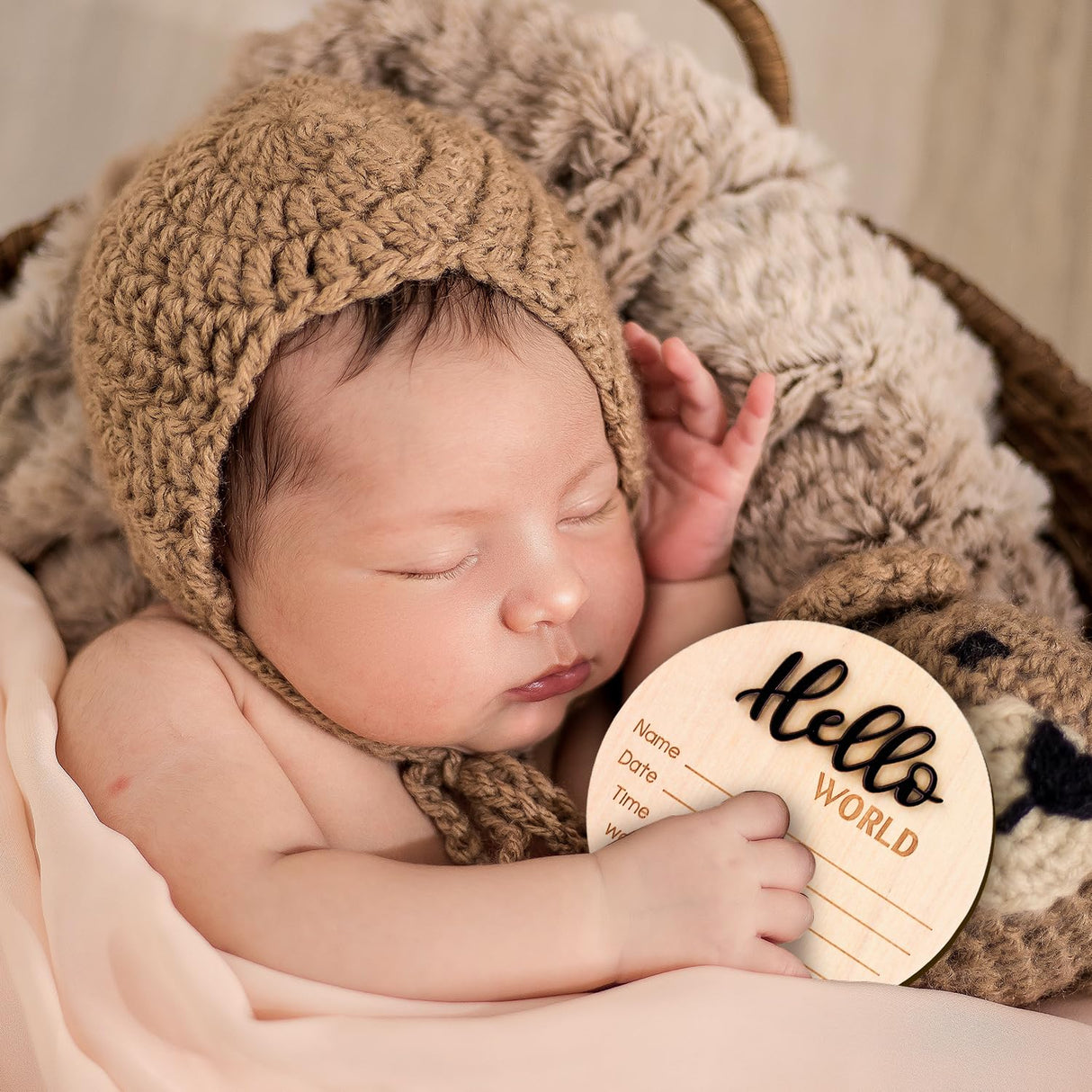 Baby Announcement Sign, 5.9 Inch Wooden Hello World Newborn Welcome Sign Birth Baby Name Plaques for Photo Props Baby Shower Hospital Nursery(Black) NQEUEPN