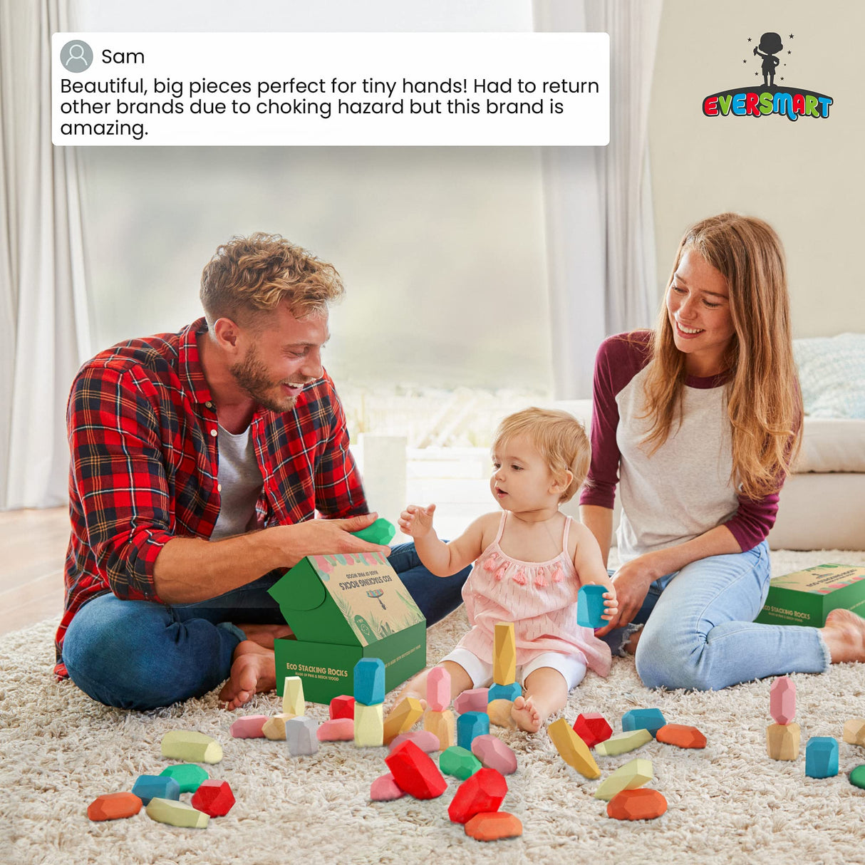 EVERSMART 36 Pcs Wooden Stacking Blocks – Montessori Toys for 1 2 3 4 5 6 Year Old Toddlers and Kids, XL Rocks, No Choking Hazard – Sensory STEM Building Stones, Girl or Boy Birthday Gifts EVERSMART