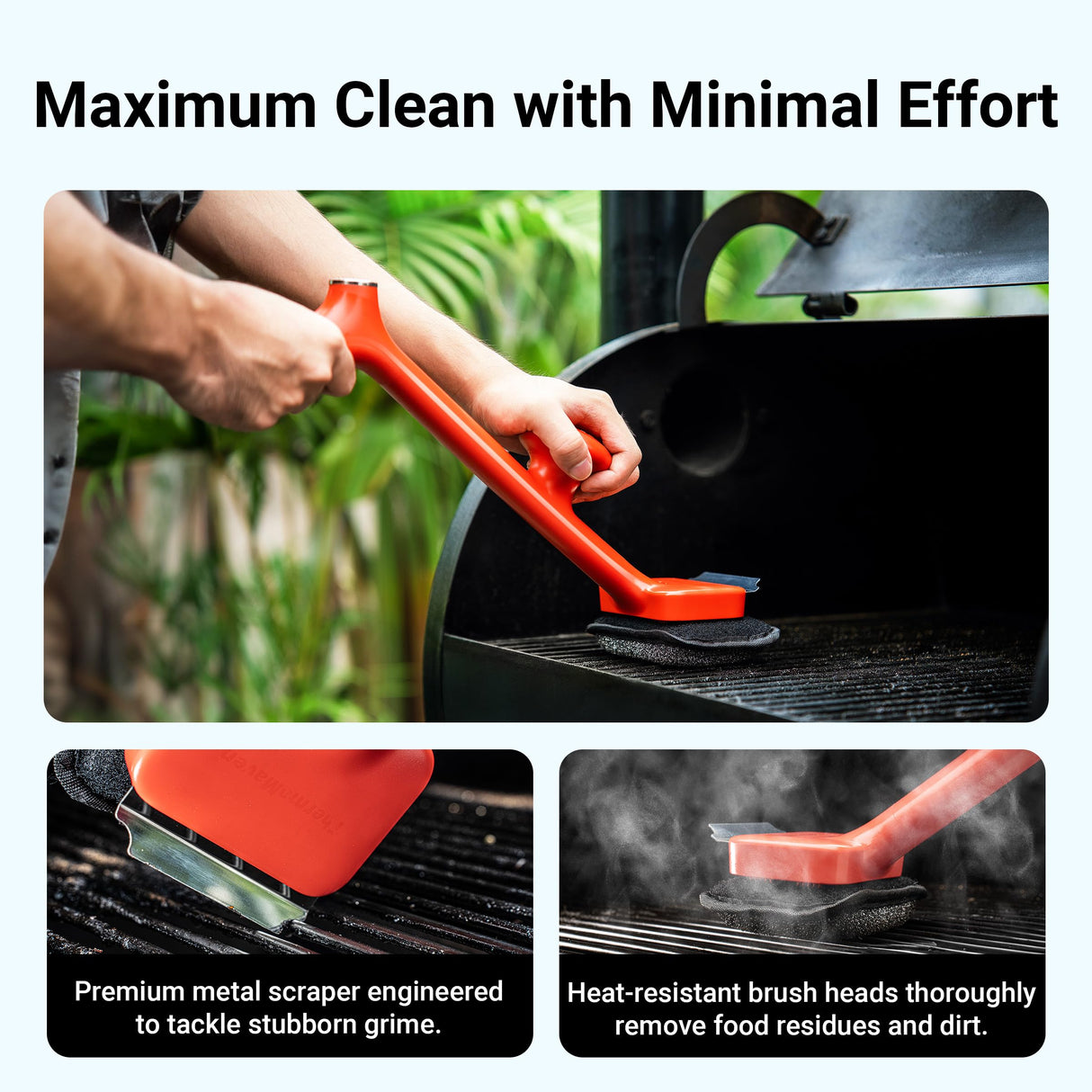 ThermoMaven BBQ Grill Brush Bristle Free - 17" Safe Steam Grill Cleaner Brush with Scraper and 3 Brush Heads for Porcelain/Gas/Charcoal Grill Outdoor Grill Barbecue Cleaner ThermoMaven