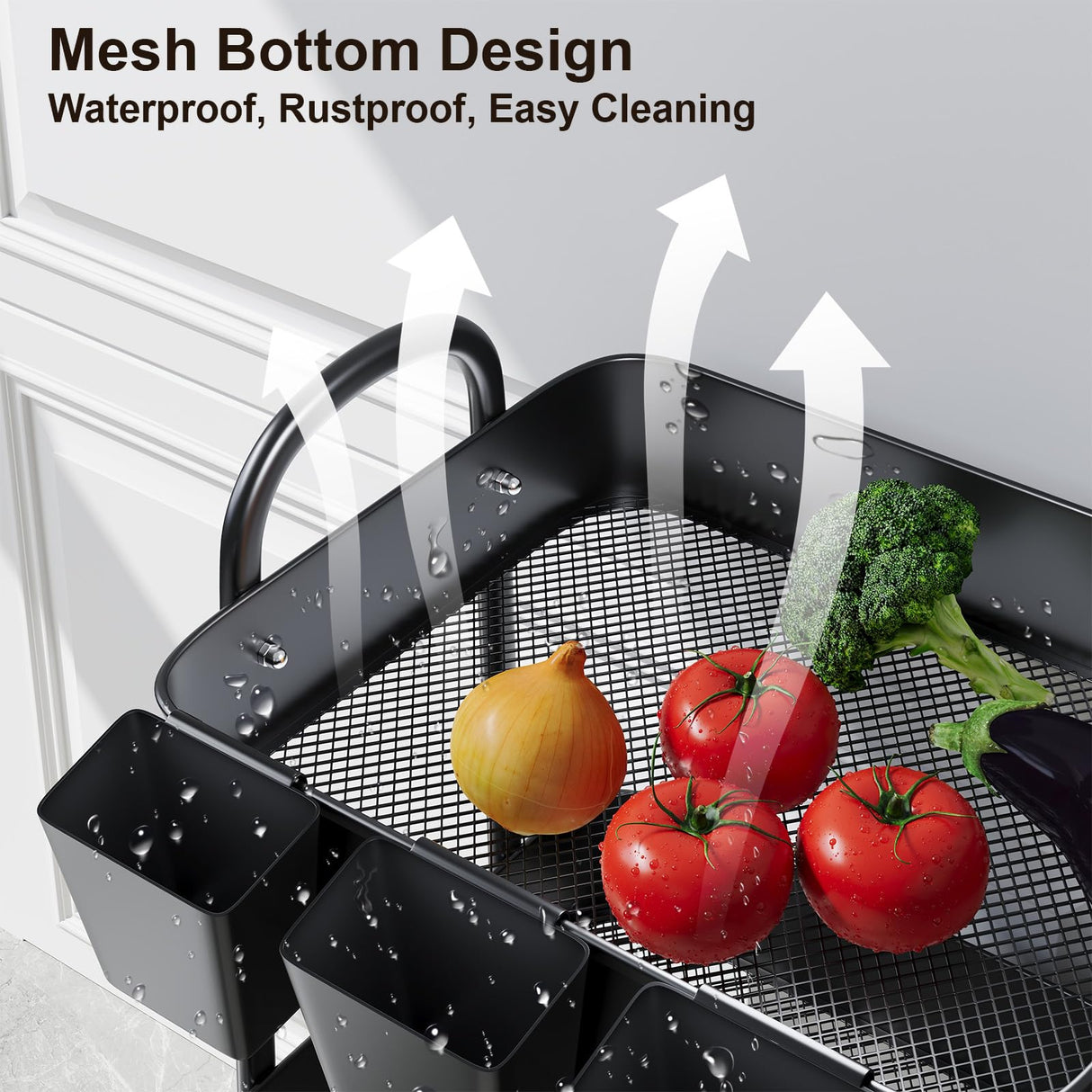 3 Tier Black Metal Rolling Cart with Lockable Wheels & Hanging Cups, Utility Storage Organizer for Bathroom, Kitchen, Laundry, Garage, Craft, Baby Diaper, Snack and Book, Easy Assembly Recximi