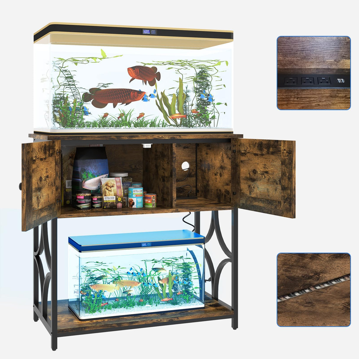 UVANIOHOM 20-29 Gallon Fish Tank Stand with Power Outlets & LED Light, Cabinet for Aquarium Stand Accessories Storage, Metal Fish Tank for Turtle Tank, 30.7" L*15.7" W Tabletop, 330LBS Capacity, Brown UVANIOHOM
