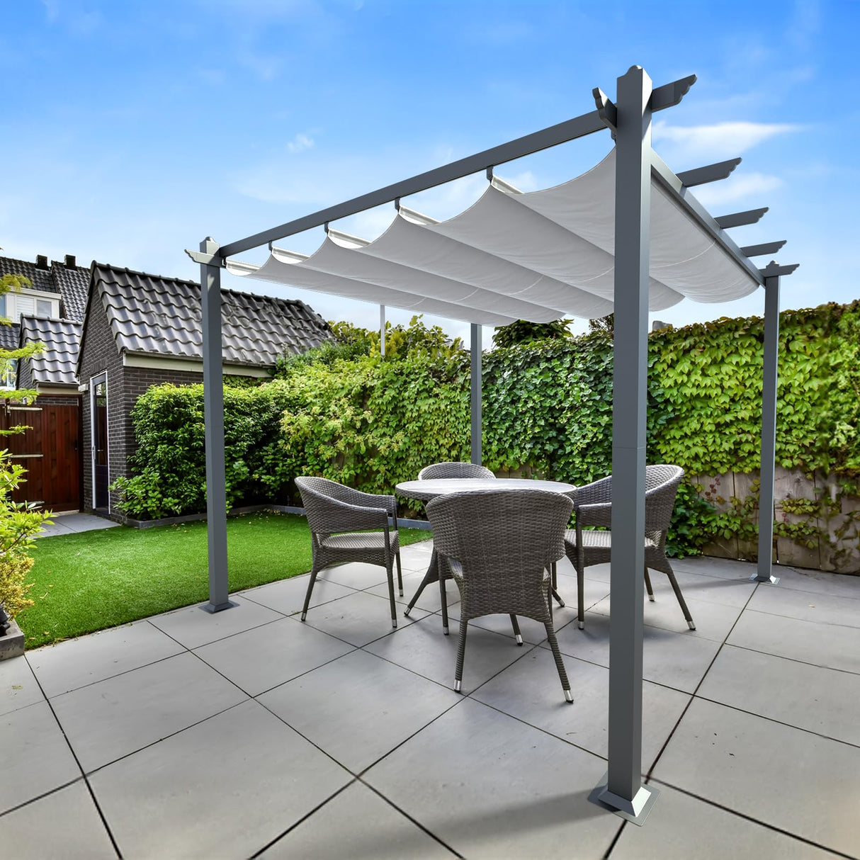 VINGLI 10’x 10' Outdoor Pergola Metal Retractable Pergola Canopy with Adjustable Roof, Garden Pergola for Deck, Porch, Garden, Yard (Gray) VINGLI