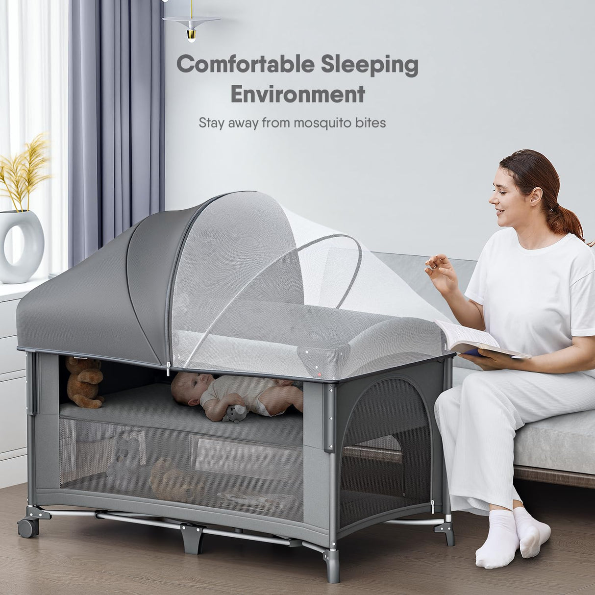 Obee Odee 4 in 1 Baby Bassinet, Pack and Play, Bedside Crib Sleeper, Diaper Changer - Comes with Mattress, Mosquito Net,Bottom Storage and Toy Bar for Newborn to Toddles Obee Odee