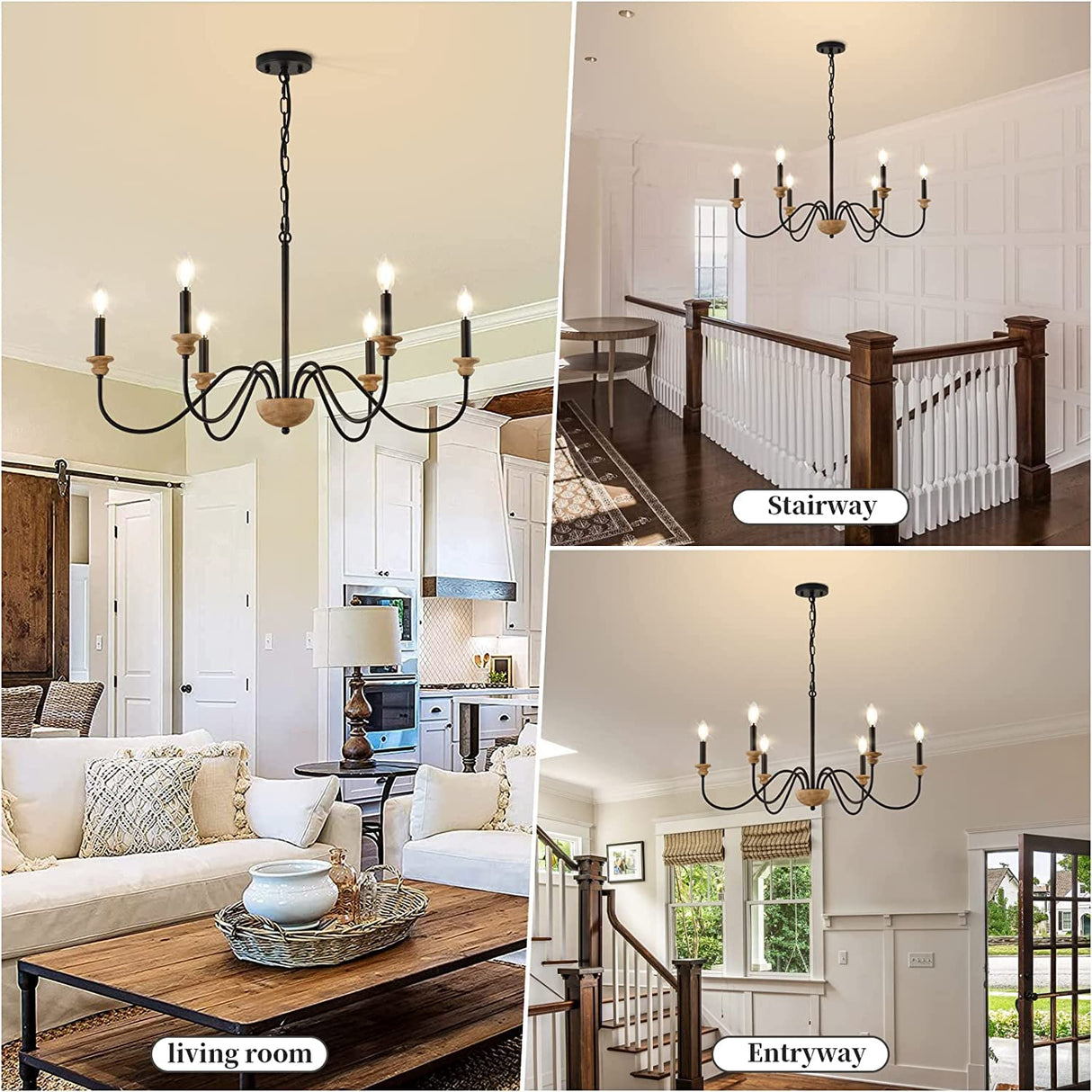 6-Light Wood Chandelier for Dining Room, Black Farmhouse Chandelier, Modern Light Fixtures Over Table, Rustic Candle Ceiling Chandelier for Living Room Bedroom Entryway Kitchen, 32.5" Diameter maesta