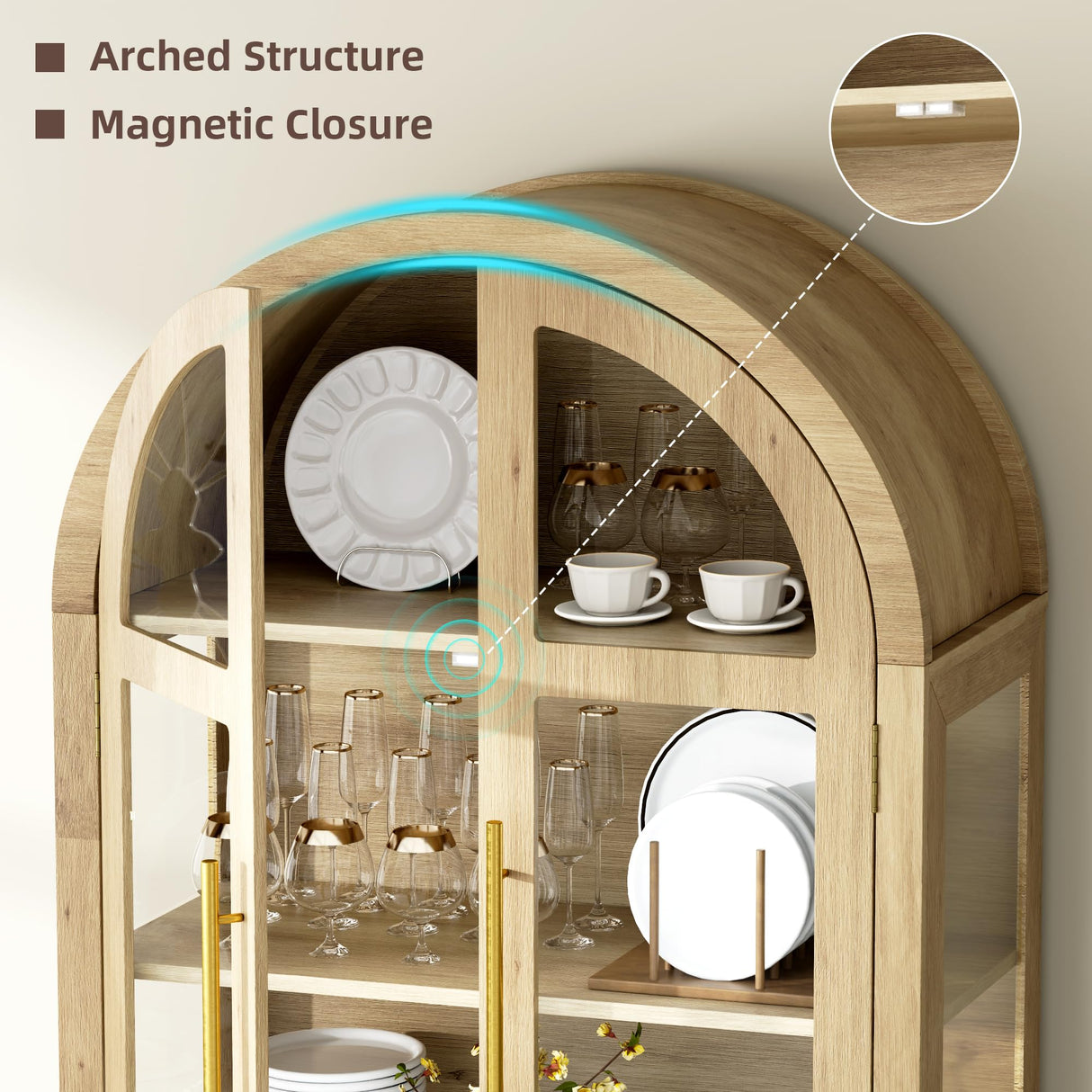 Vlsrka 71" Arched Curio Cabinet with Glass Doors, 4-Shelves Display Cabinet and 2 Drawers, Display Case with 3 Color Lights, Tall Bookcase, Kitchen Pantry, Wood Color Vlsrka