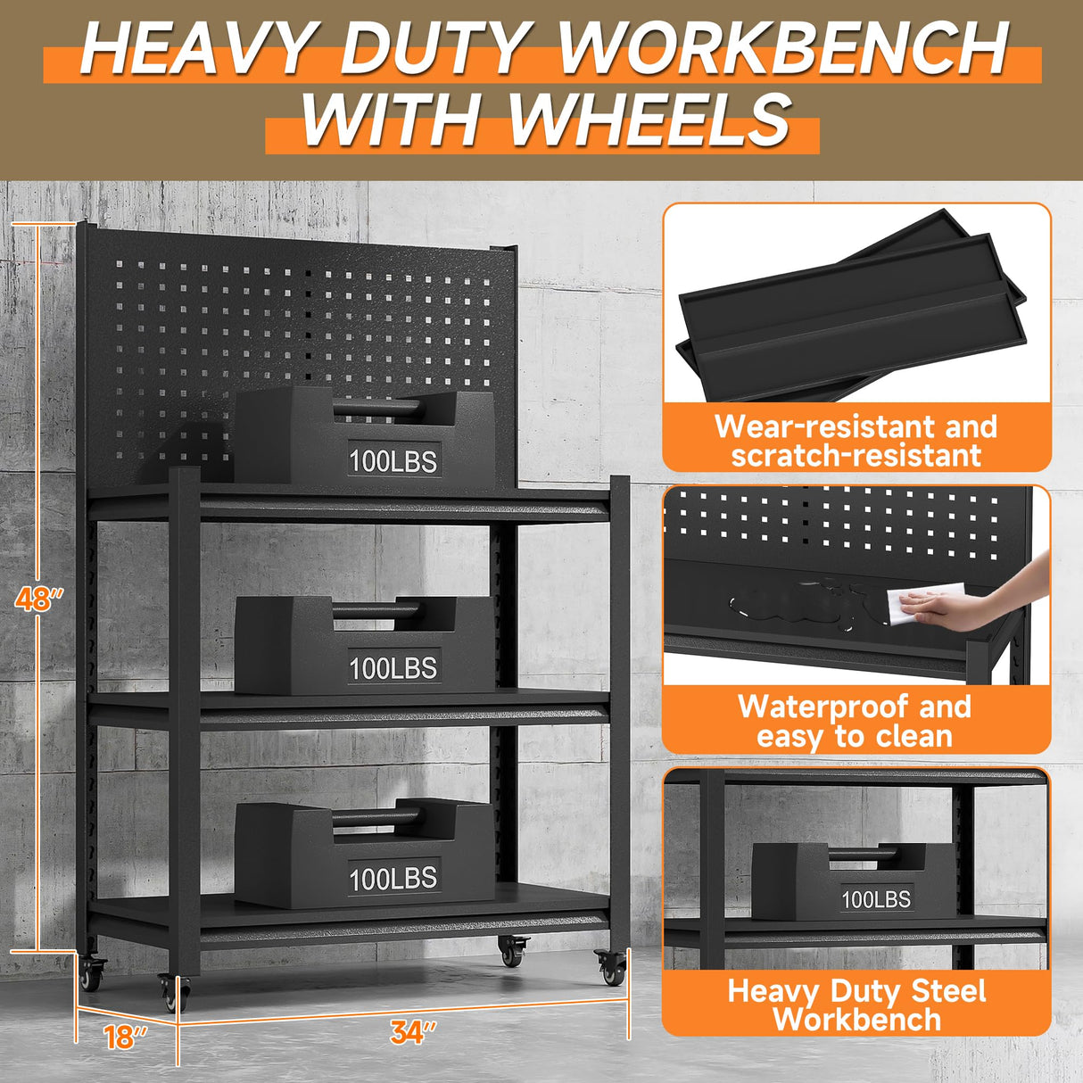 TOPASS WorkBench with Pegboard, Adjustable Heavy Duty Work Table with Wheels, Heavy Duty Workstation, Metal Tool Work Bench for Garage Warehouse Workshop, 48" H x 18" D x 34" W(with Pegboard) Topass