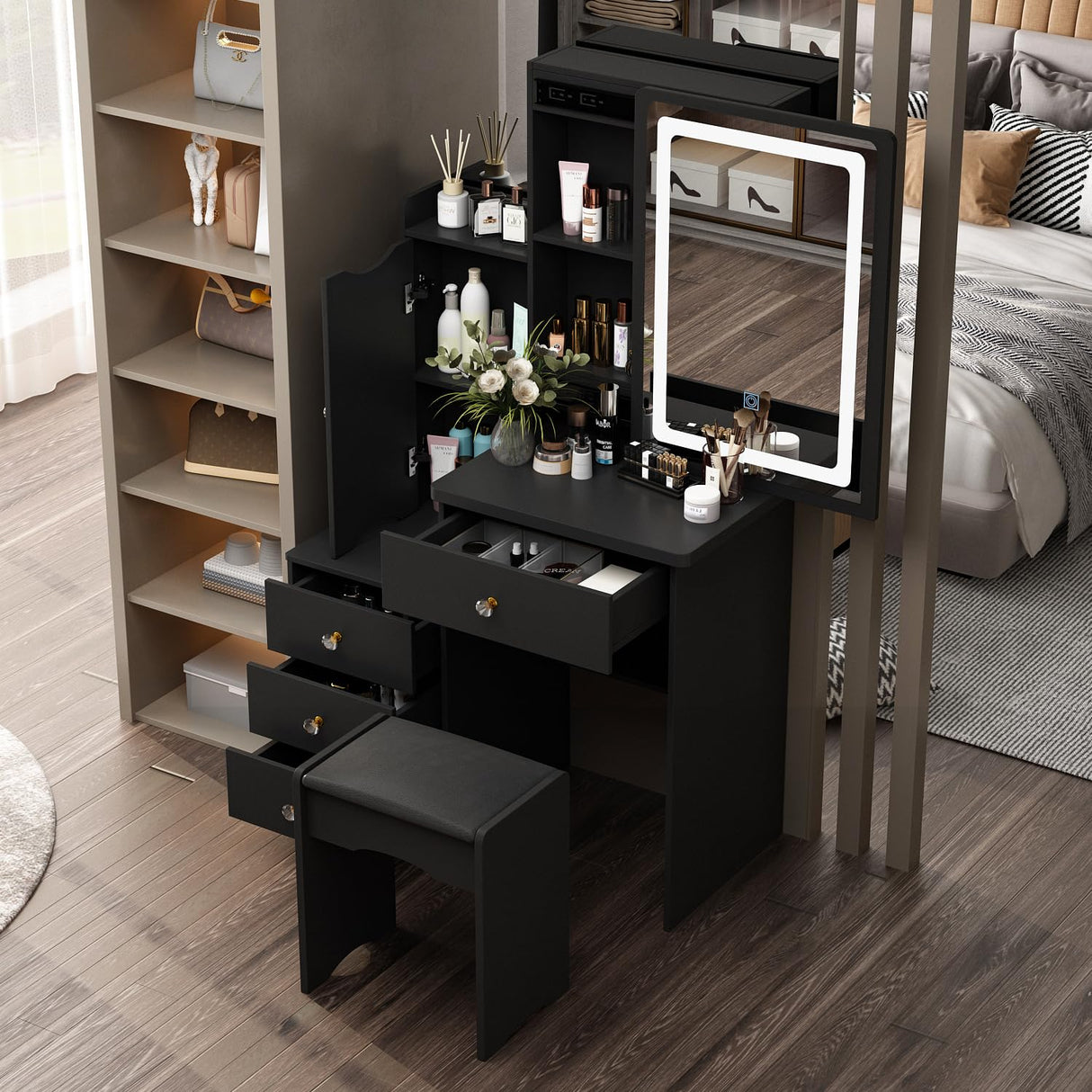 Homsee Vanity Desk Set Makeup Table with Large Sliding Lighted Mirror, Dressing Table with 4 Drawers, Hidden Storage Shelves & Cushioned Stool for Bedroom, Black Homsee