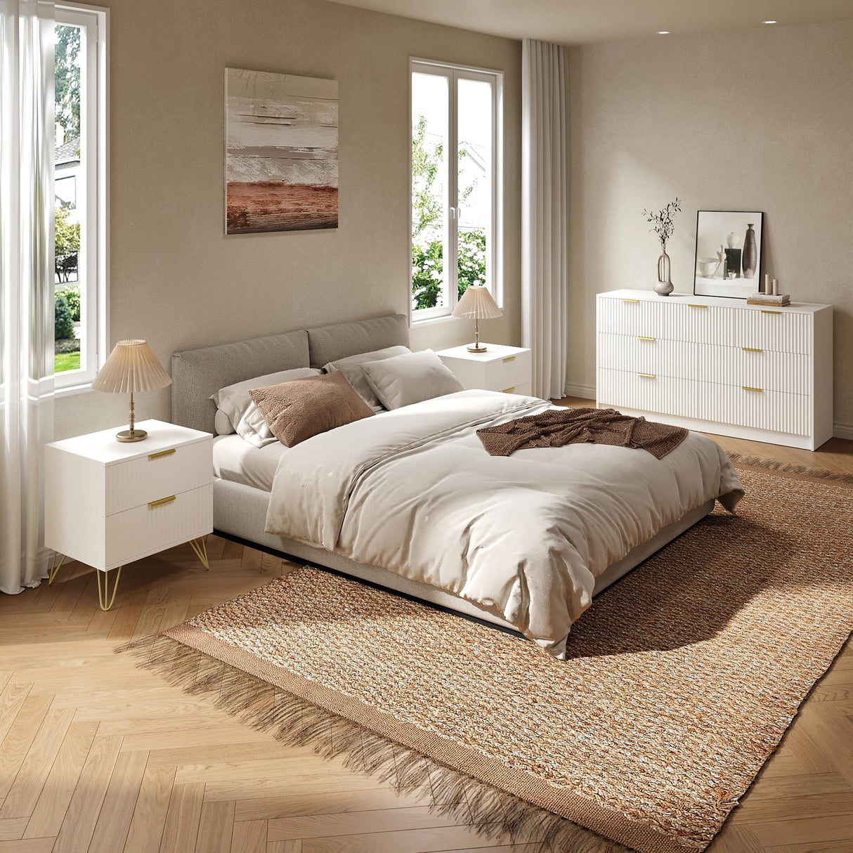 Sscaktu 7 Drawer Dresser and Nightstand Sets for Bedroom, 3 Pcs Bedroom Set,Night Stand Set of 2 & 7 Drawer Dresser with Gold Handles, Modern Wood Chest of Drawers Storage Cabinet Set, White Sscaktu