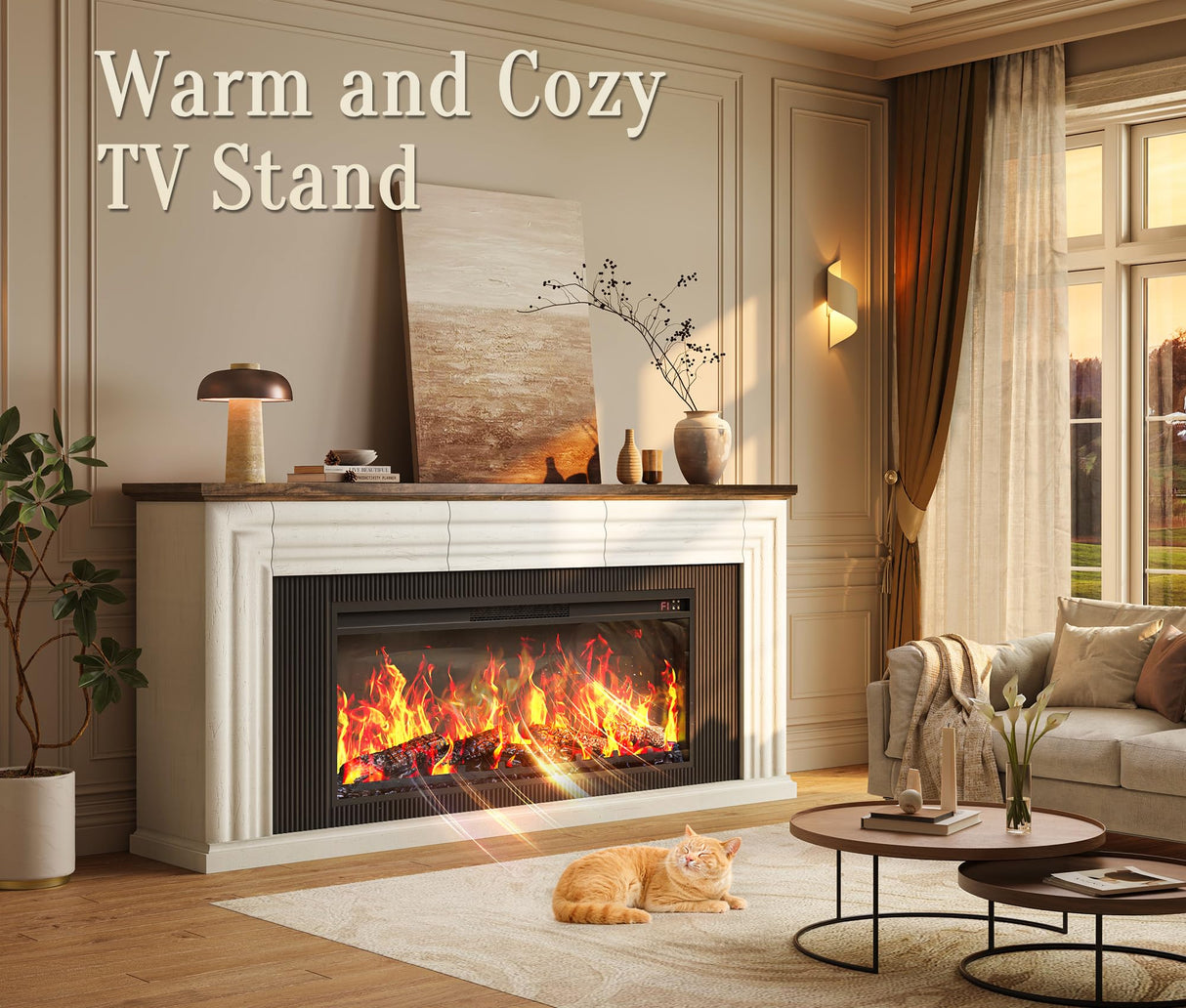 PRAISUN 70'' Fireplace TV Stand with 42'' Electric Fireplace, Farmhouse TV Stand for 65 75 Inch TV, Entertainment Center TV Console with 3 Drawers, Fluted Design, for Living Room, Distressed White PRAISUN