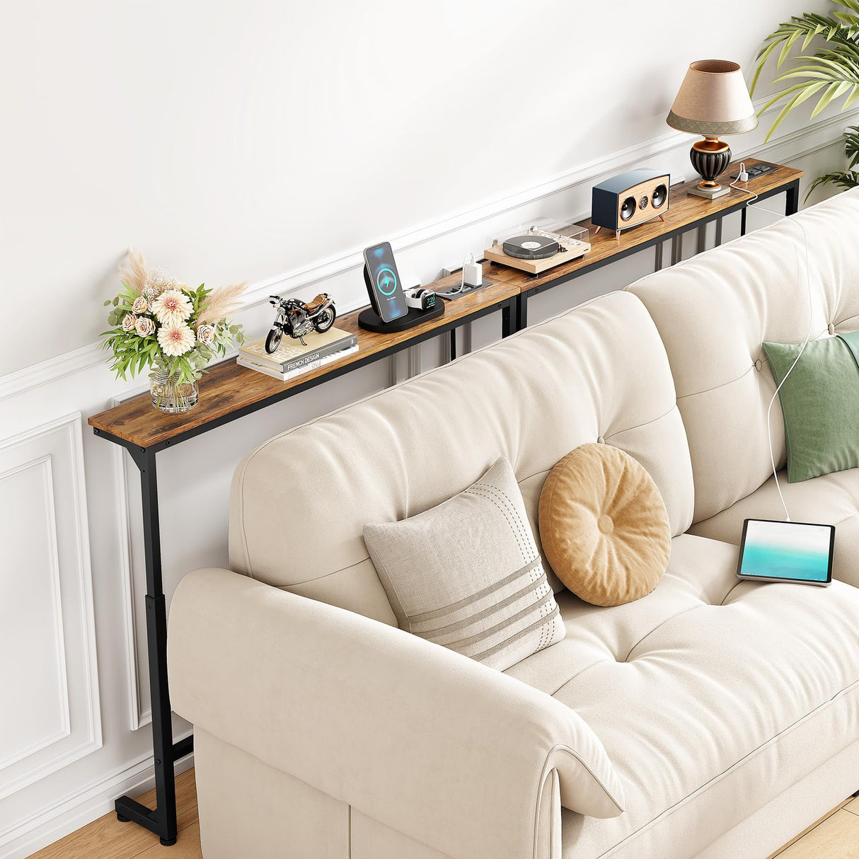Kitstorack 2-Pack Narrow Console Table with Adjustable Height (25"-33") & Power Outlets, Rustic Brown Sofa Table for Behind Couch or Wall, 79" Long with 4.9ft Cord Kitstorack