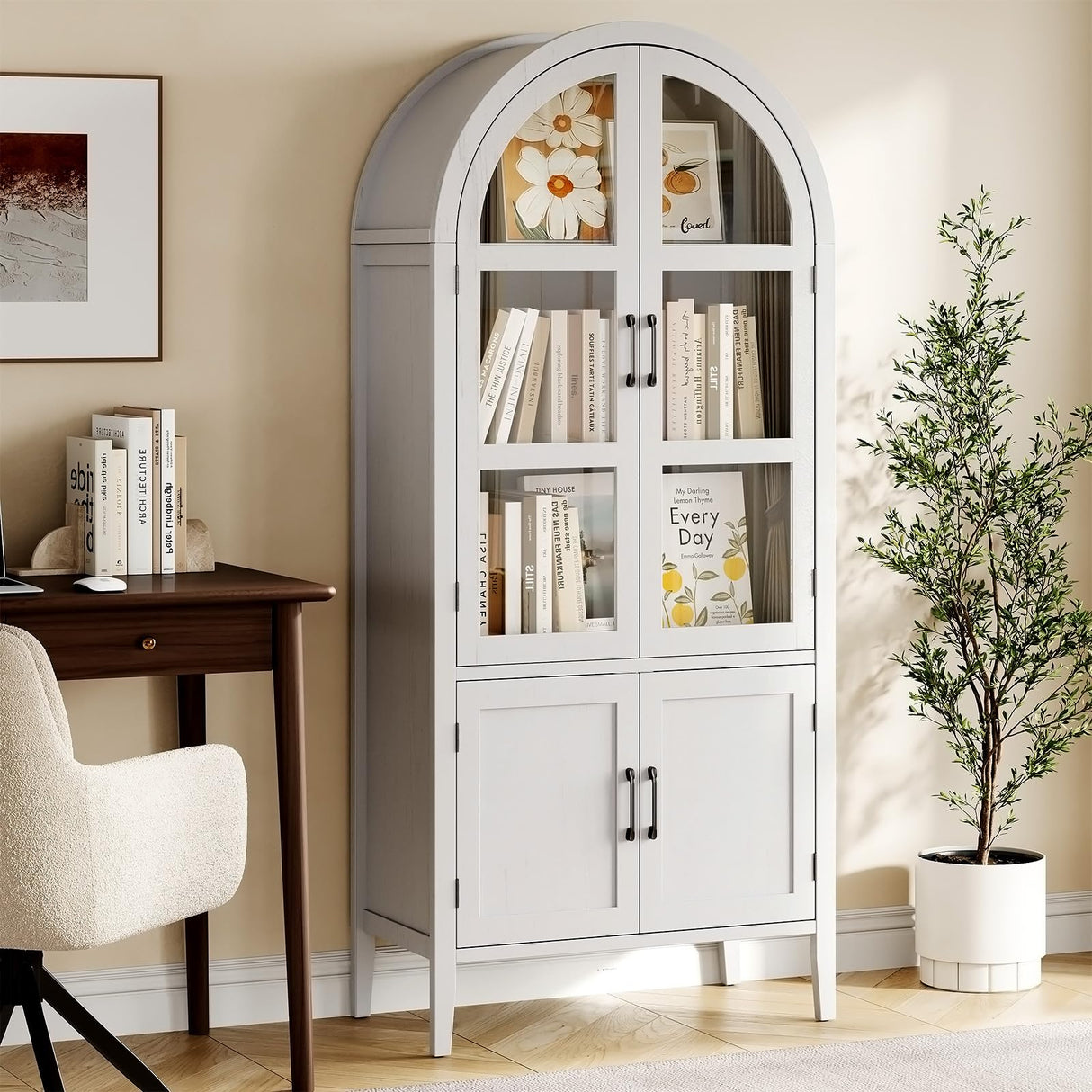 ONBRILL 71" Tall Arched Cabinet, 5-Tier Arched Kitchen Pantry with Glass Doors & Shelves, Modern Display Arch Cabinet with Adjustable Feet, Wooden Pantry for Living Room, Dining Room, Off White ONBRILL