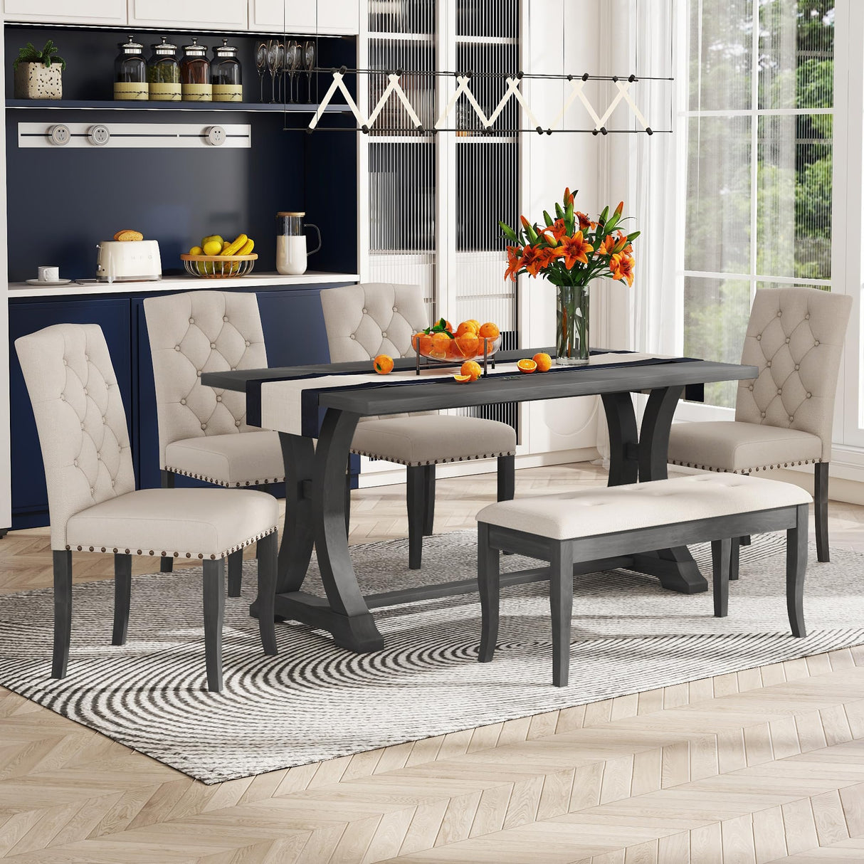 Farmhouse Dining Table Set for 6, Kitchen Table Set with Chairs and Bench, 6 Piece Solid Wood Dining Room Set with Trestle Table Legs for Kitchen, Dining Room (Antique Grey) Mirightone