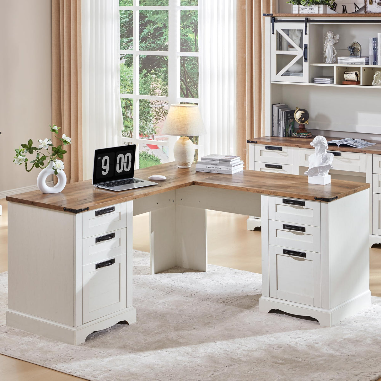 RedLemon 60" Farmhouse L Shaped Executive Desk with Drawers, Wood Home Office Corner Desk with Charging Station, File Drawer, Storage Cabinet, Rustic Computer Writing Desk (Antique White) RedLemon