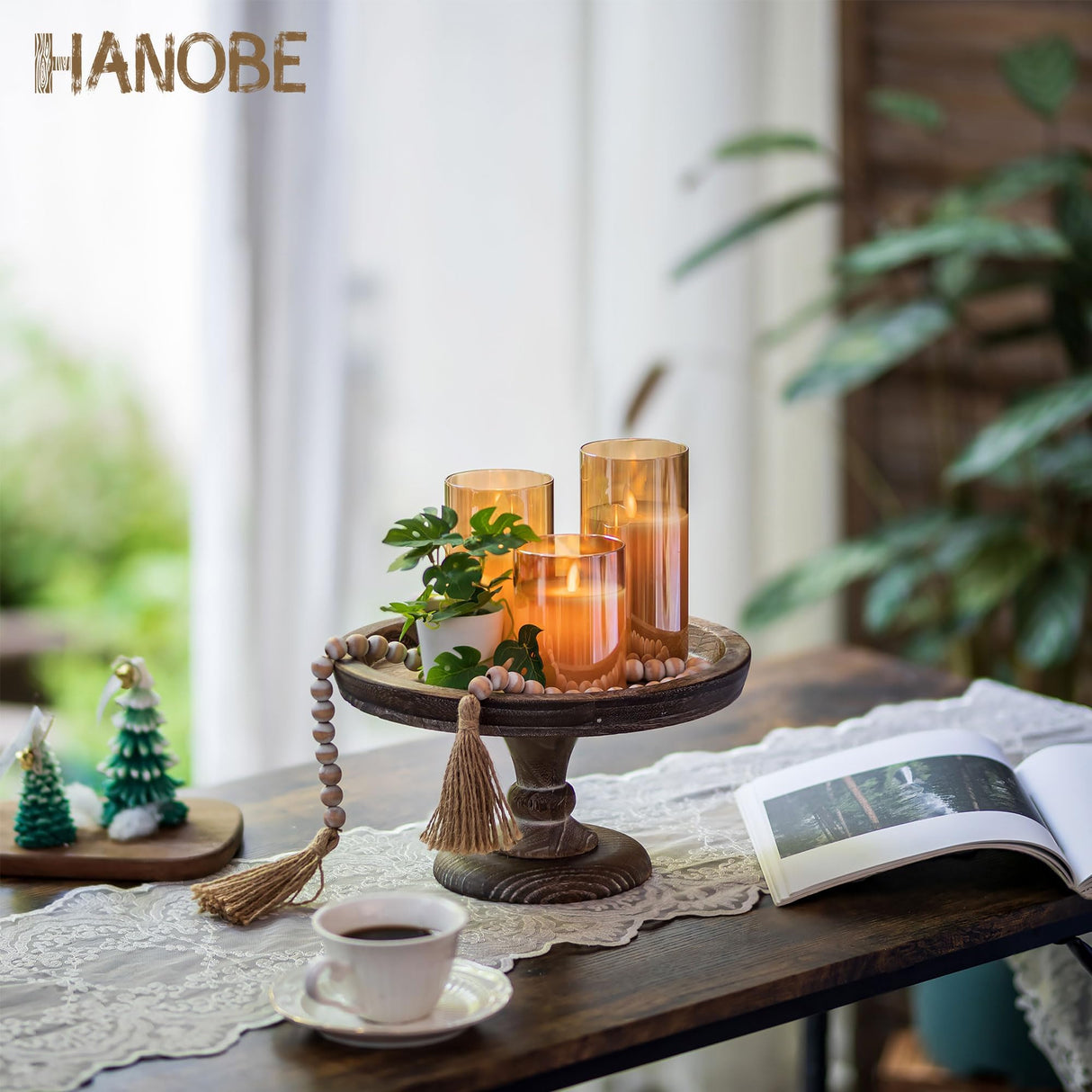 Hanobe Round Wood Display Riser: Rustic Wooden Risers Decorative Pedestal Plate Stand Small Cake Holder Tray for Wedding Birthday Decor Hanobe