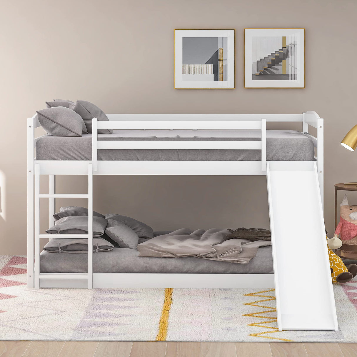 Harper&Bright Designs Twin Bunk Beds with Slide for Kids, Low Profile Bunk Beds with Built-in Ladder, No Box Spring Needed Harper & Bright Designs
