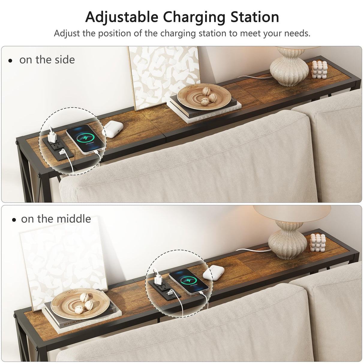 Gewudraw Console Table with 2 AC Oulets & 2 USB Ports, 41.8" Narrow Sofa Table, Entryway Table, Industrial Sofa Table for Hallway, Living Room, Bedroom, Long Console Table, 6.5 Feet Power Cord Gewudraw