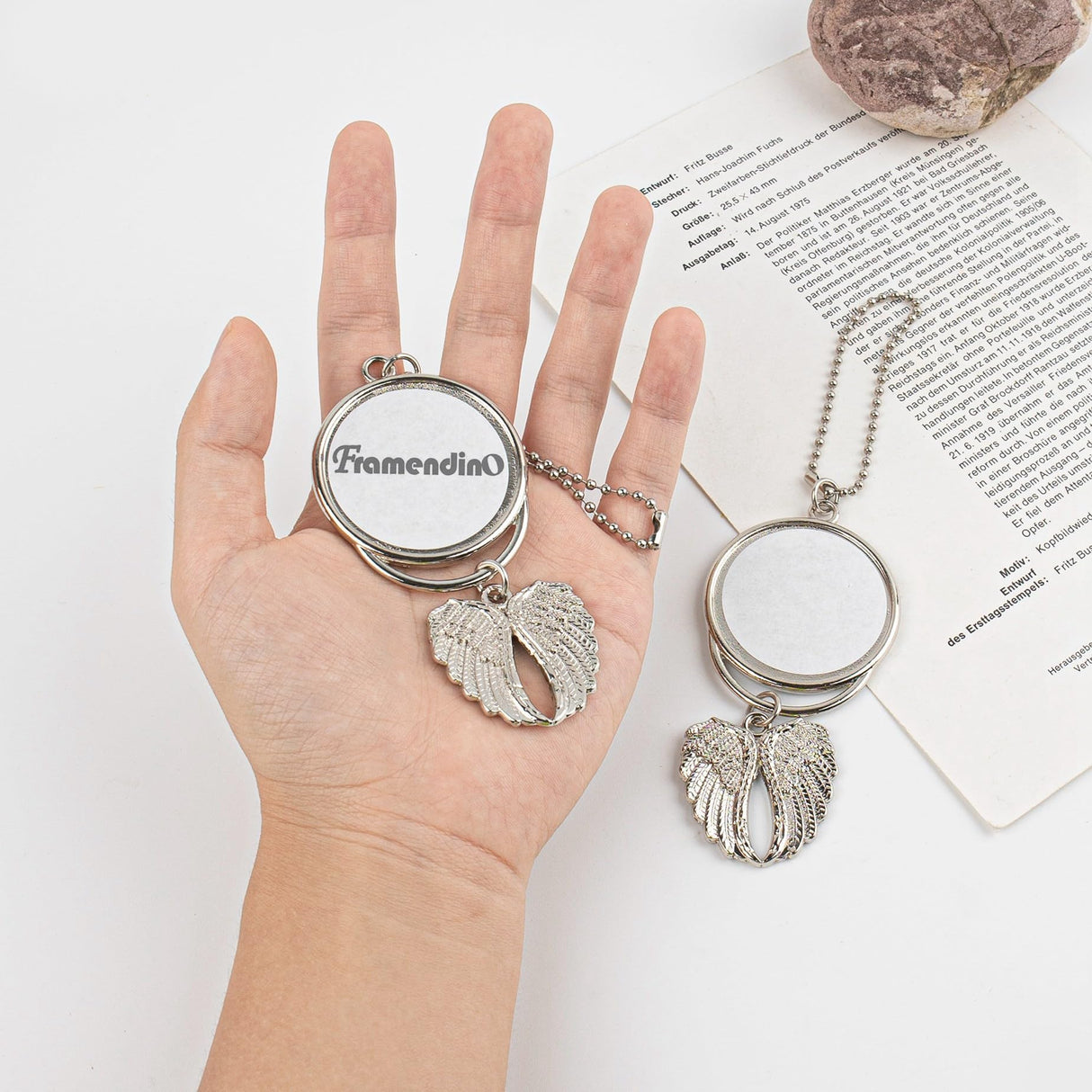 Framendino, 5 Pack Silver Angel Wings Car Hanging Ornament Personalized Car Mirror Hanging Accessories Blank Heat Transfer Photo Frame Keychain for DIY Crafting Framendino