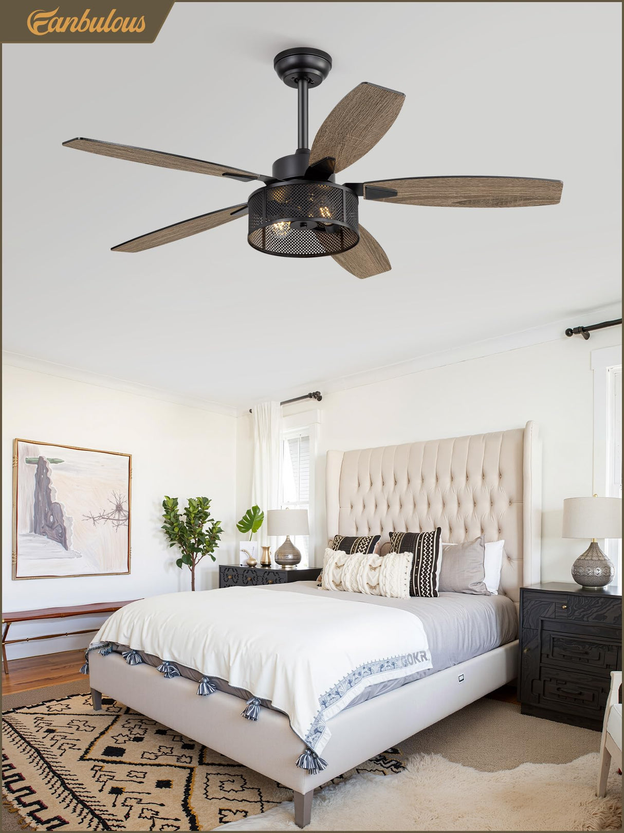 52 Inch Farmhouse Ceiling Fan with Light and Remote, Black Industrial Caged Ceiling Fans Flush Mount, 5 Dual Finish Blades, 6-Speed Reversible Quiet DC Motor, Rustic Design for Bedroom, Living Room Fanbulous