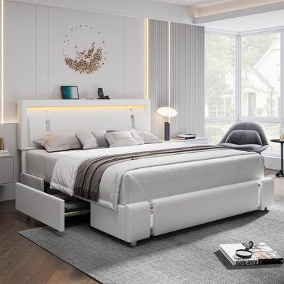 Keyluv King Size Upholstered Platform Bed with RGB LED Lights, Storage Drawers, and USB Charging Ports