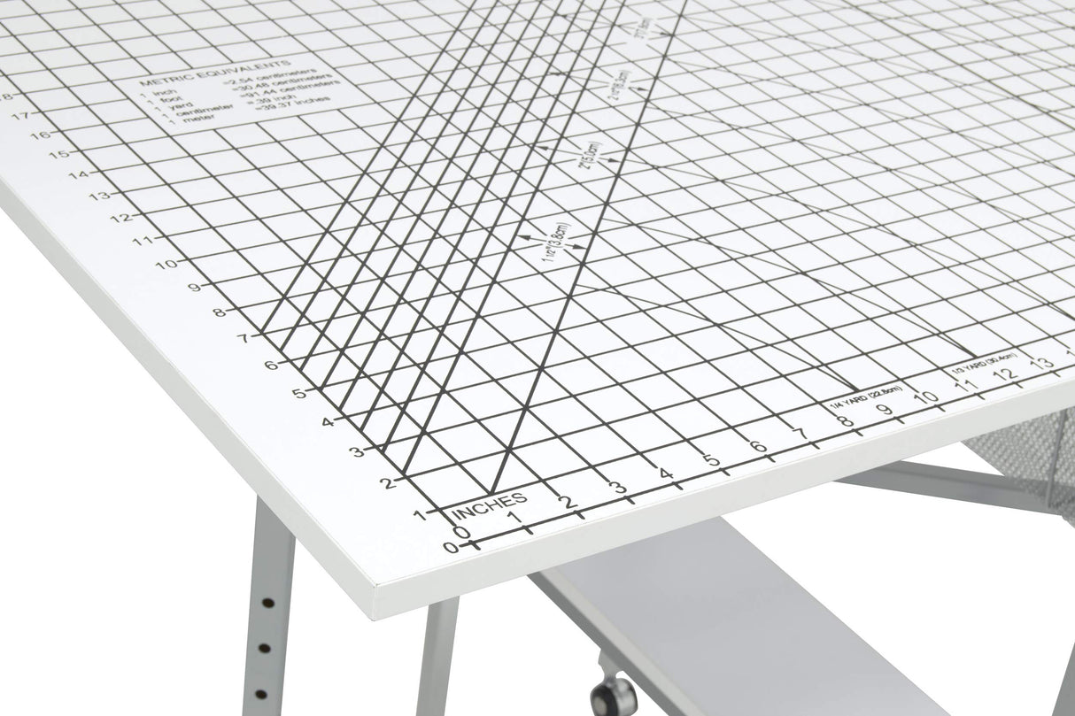 Sew Ready Foldable Hobby and Cutting Grid Table - 58.75" W x 36.5" D White Arts and Crafts Table with Grid Top and Silver Storage Drawers Sew Ready