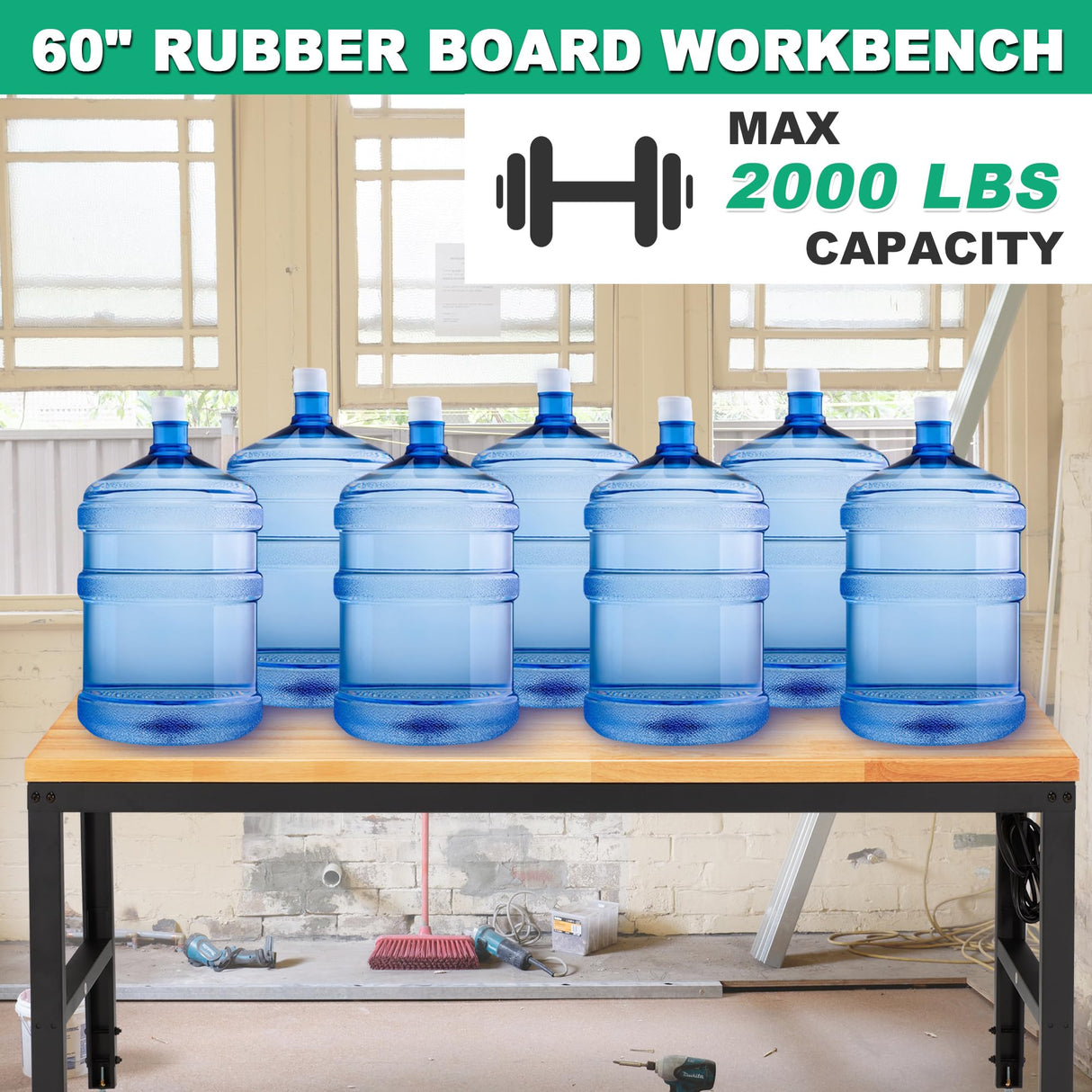 HABUTWAY Height Adjustable Workbench, 60"x20" 2000 Lbs Capacity Solid Wood Work Station Heavy-Duty, with Power Outlets, for Garage Party Shop Office HABUTWAY