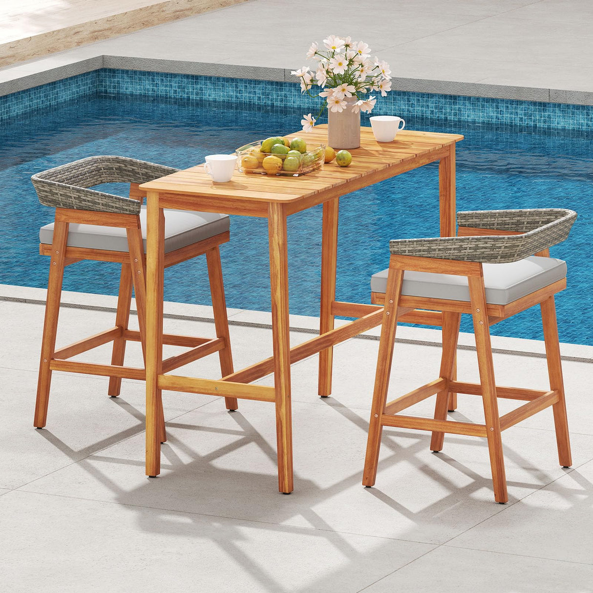 Tangkula Patio Bar Table, 54” x 22” Acacia Wood Counter Height Table with Slatted Tabletop & Footrest Crossbar, Rectangle High Top Table for Backyard, Poolside, Balcony Tangkula