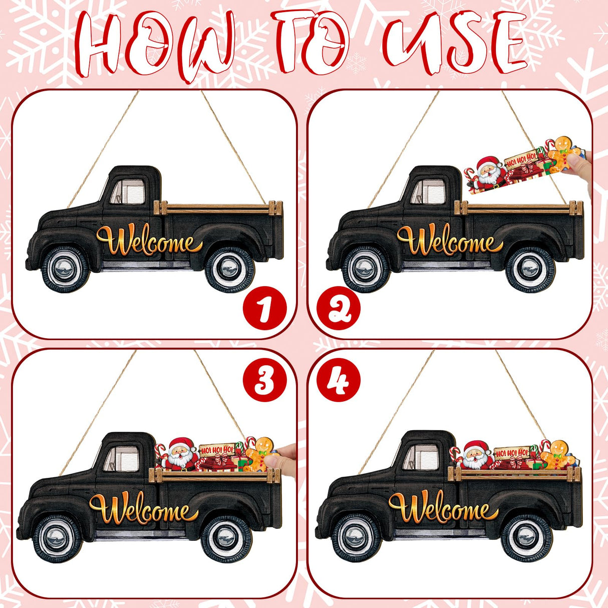 Ferraycle Interchangeable Welcome Sign Christmas Truck Decor Seasonal Door Signs with 12 Holiday Icons Rustic Farmhouse Interchangeable Holiday Decor for Christmas All Seasons(Black) Ferraycle