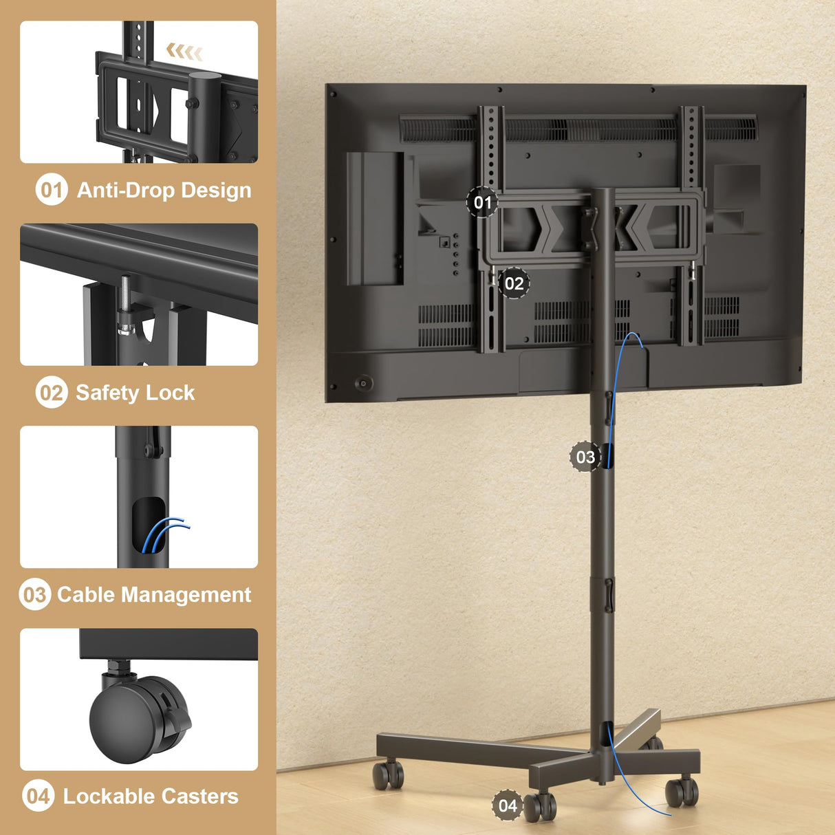 XINLEI Mobile TV Stand with Wheels for Most 21-60 Inch Flat/Curved Screens TVs, Height Adjustable Rolling TV Cart with Shelf, up to 77 lbs, Max VESA 400x400, ML55SE XINLEI