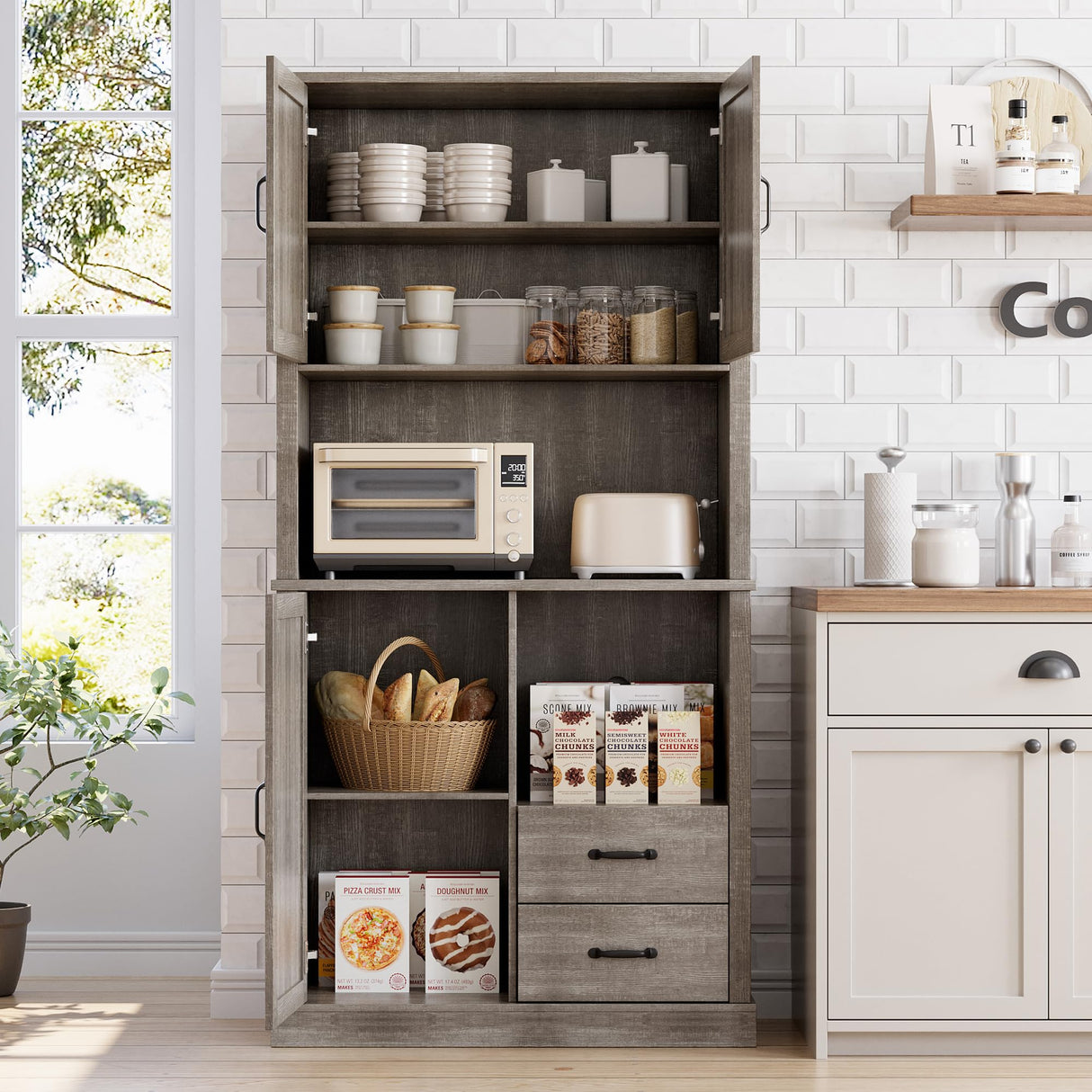 GarveeHome Modern Kitchen Pantry Cabinet with Microwave Stand, Tall Hutch Bar Cabinet with Drawers & Adjustable Shelves, Large Wood Storage for Dining Room, Living Room, Rustic Grey GarveeHome